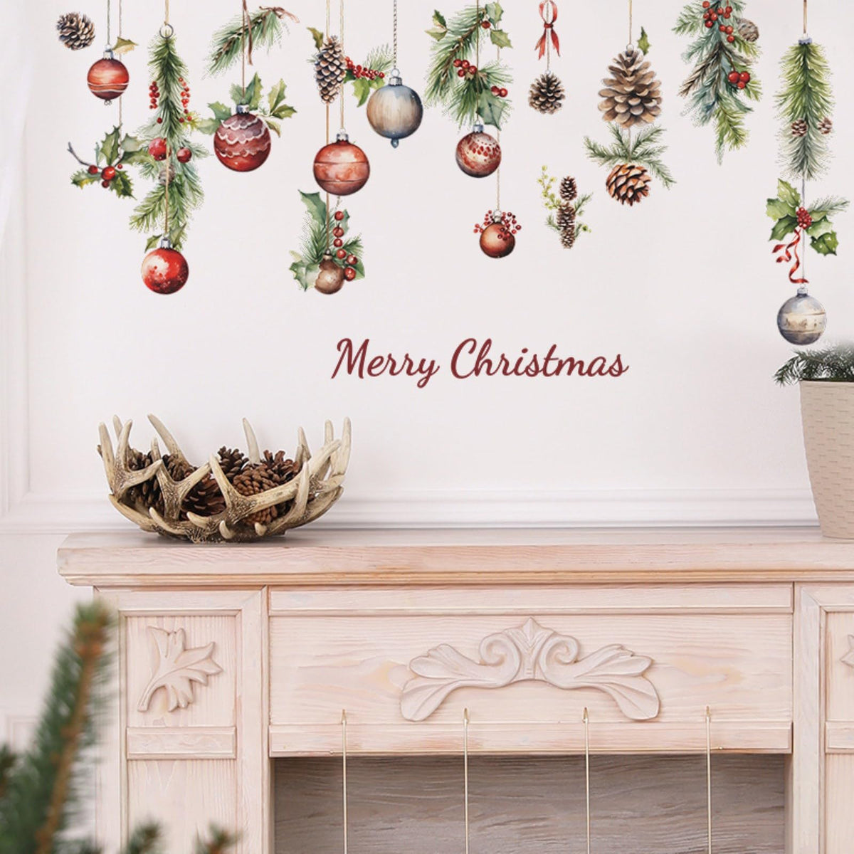 Merry Christmas Wall Decals Pine Cone Snowflake Wall Stickers Christmas Winter Home Wall Art Decor for Kids Room Classroom Office Bedroom Living Room Kitchen Playroom Decor