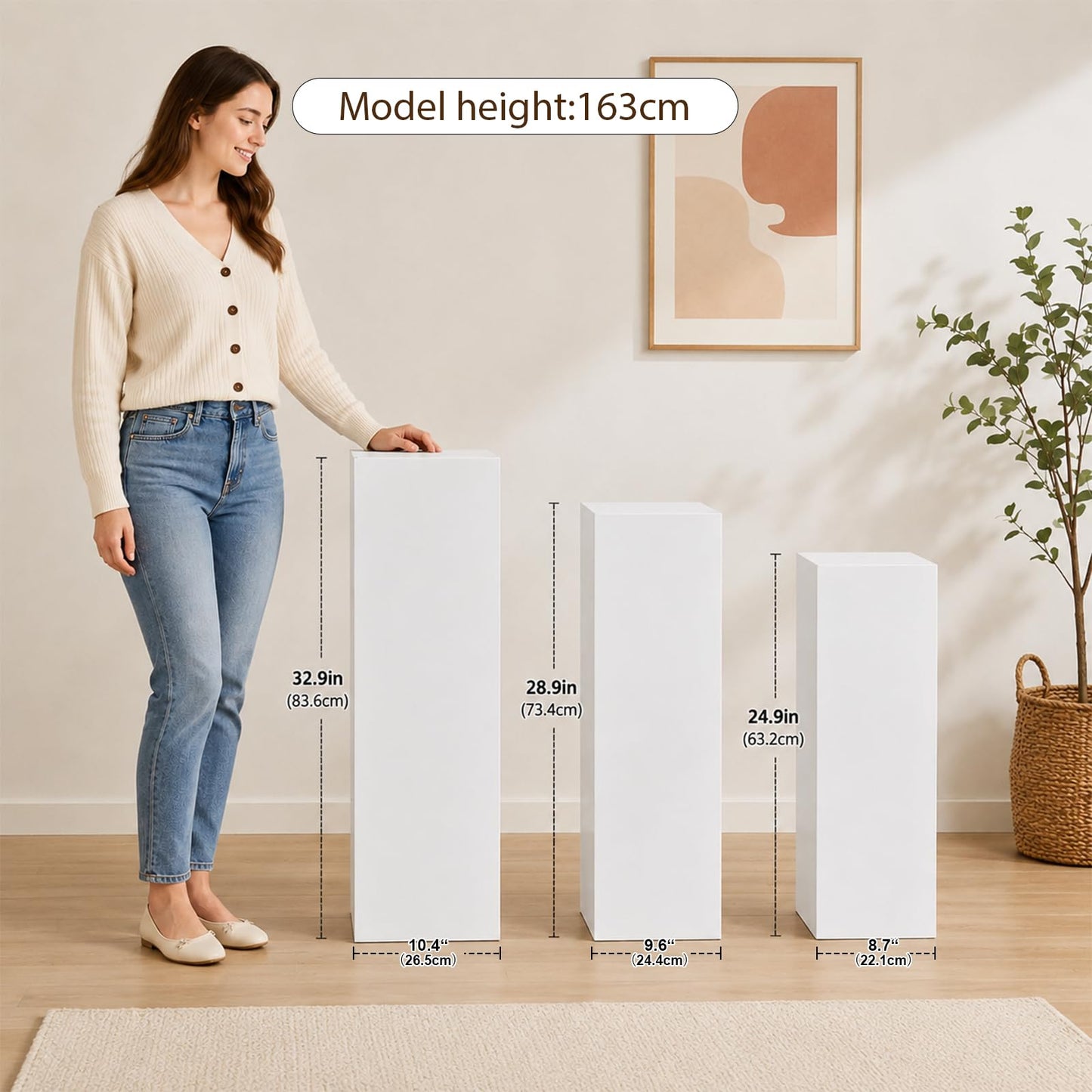 SwallowLiving 3PCS Metal White Display Pedestal Stand for Parties, Square Tall Pedestal Cake Stands Pillars for Wedding, Sculpture Display Stand Column Decoration
