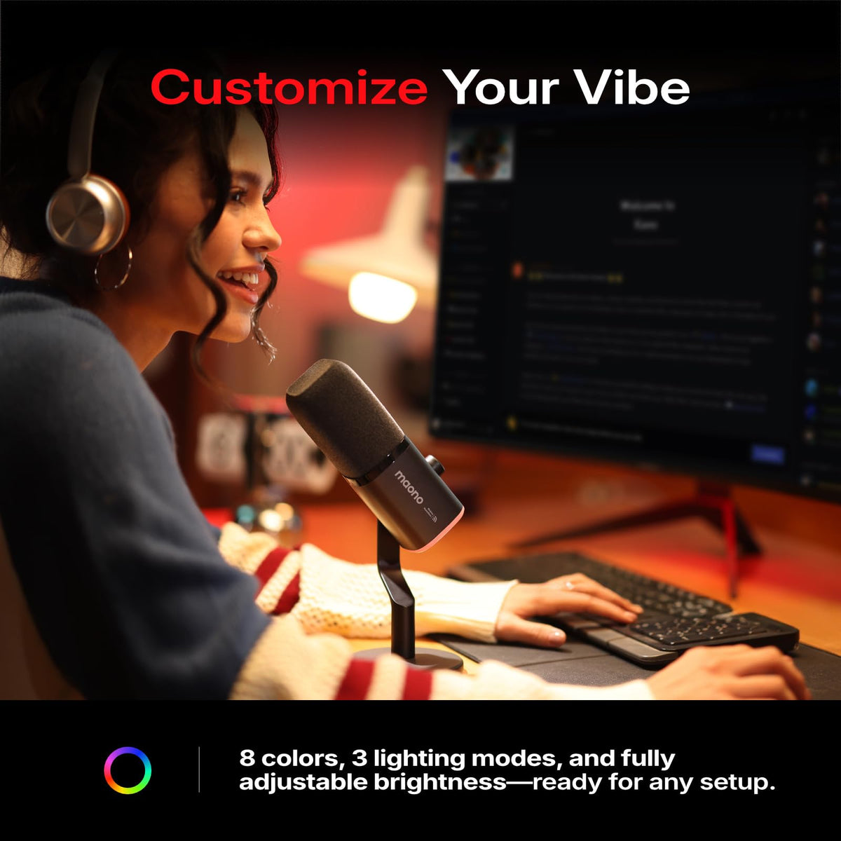 MAONO PD100W USB Wireless Microphone for PC, Gaming Streaming Dynamic Mic with One-Click Noise Reduction,Mute Button,Custom RGB, 3.5mm Headphone Jack, Desktop Podcasting Mic for Computer Phone, Black