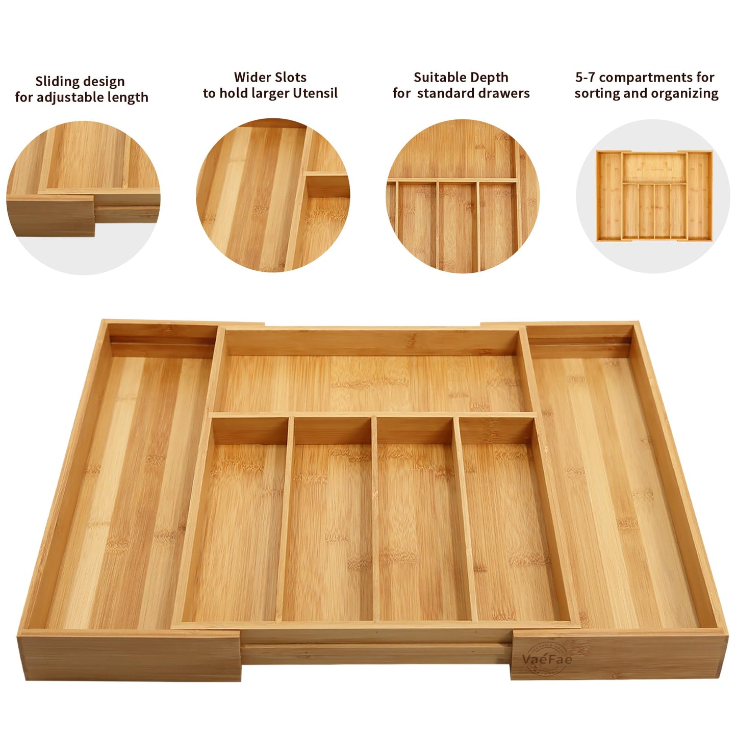 VaeFae Premium Bamboo Drawer Organizer, Expandable Silverware Drawer Organizer, Cutlery Tray with Dividers for Kitchen Utensils (Natural, Large)