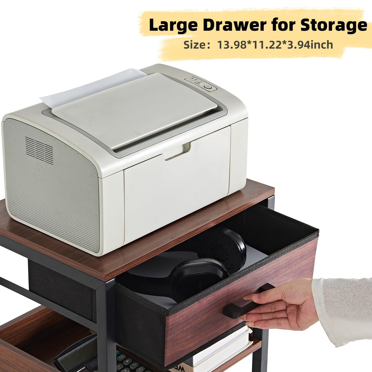Lerliuo Walnut Printer Stand with Fabric Drawer, 3 Tier Industrial Side Table, Modern Small Printer Desk Holder with Storage Shelf,Multi-Functional Bedside Tables for Home Office Fax Machine Scanner