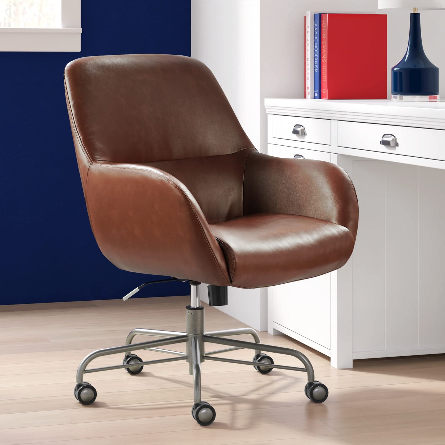Tommy Hilfiger Forester Luxury Bonded Leather Home Office Chair, Modern Round Swivel Accent Seating with Arms, Adjustable Height and Recline, Cognac Brown