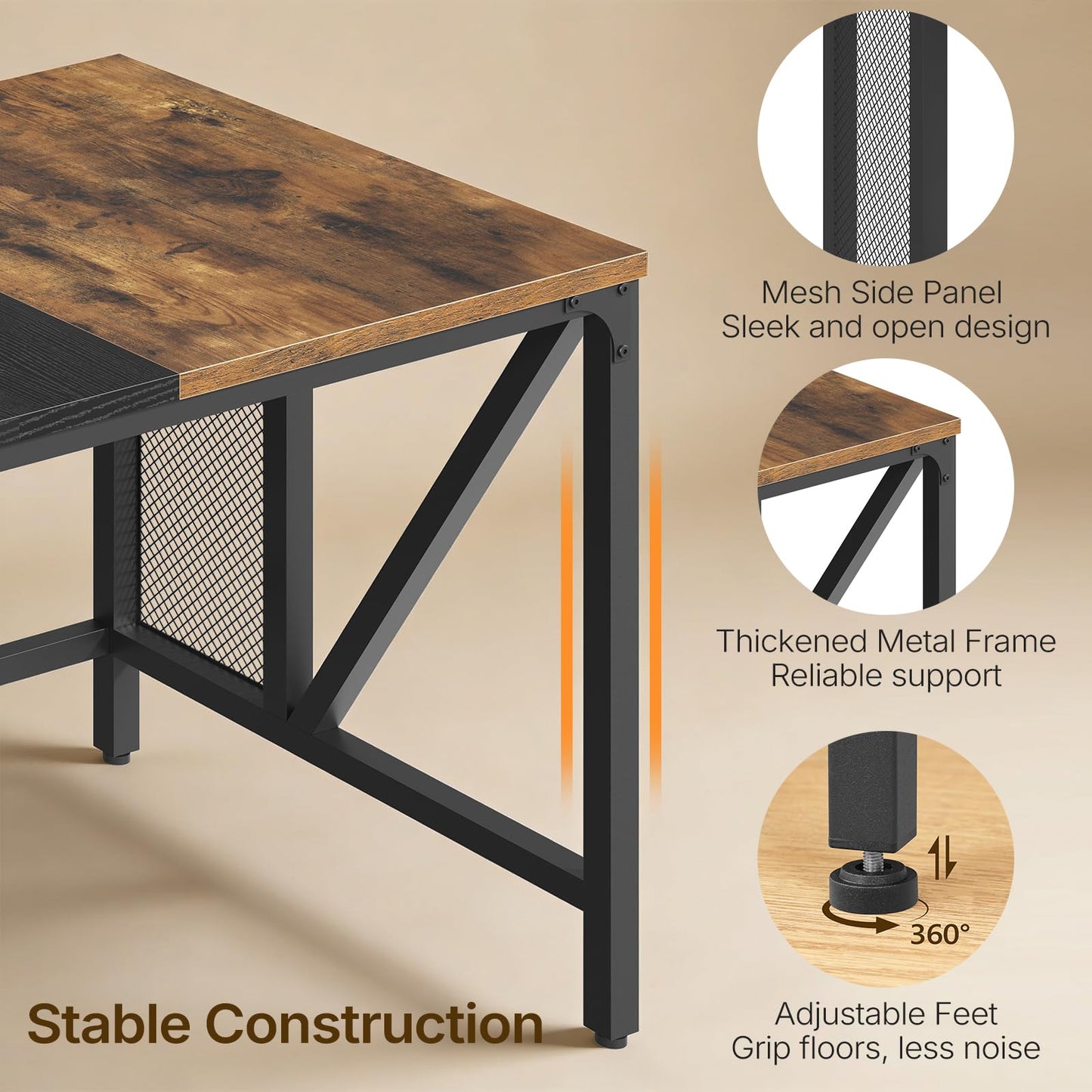 YATINEY 63" Computer Desk with Power Outlets, Gaming Desk, Large Office Executive Desk Workstation, Business Furniture for Home Office, Study, Rustic Brown and Black DN16UBR