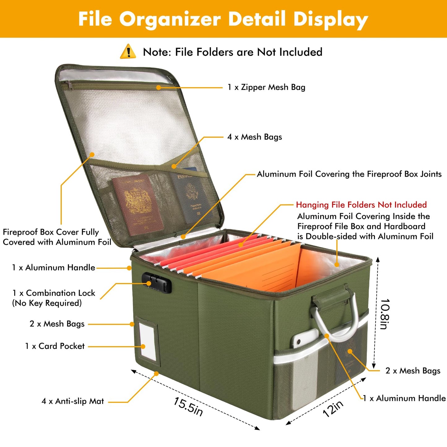 TOMKID 5200°F Fireproof Document Box, Fire Important Document Organizer with Lock, Upgraded Heat Insulated Filing Storage Cabinet Office Organization (5200°F Fireproof Box, Green)