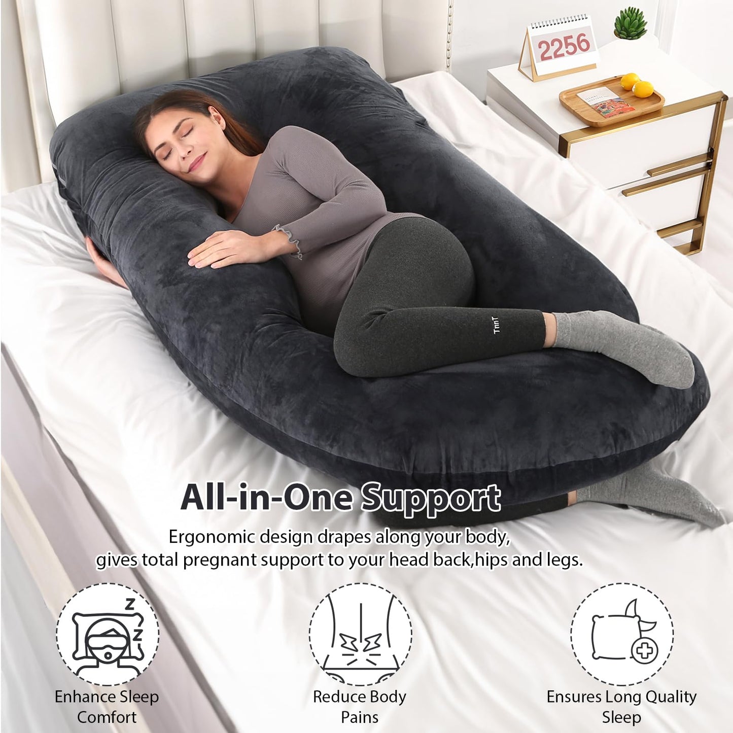 BATTOP Pregnancy Pillows for Sleeping, Full Body Maternity Pillow for Side Sleeping, Support for Back, Legs, Belly, Hips, 57 Inch Pregnancy Pillow with Removable Cover, Black