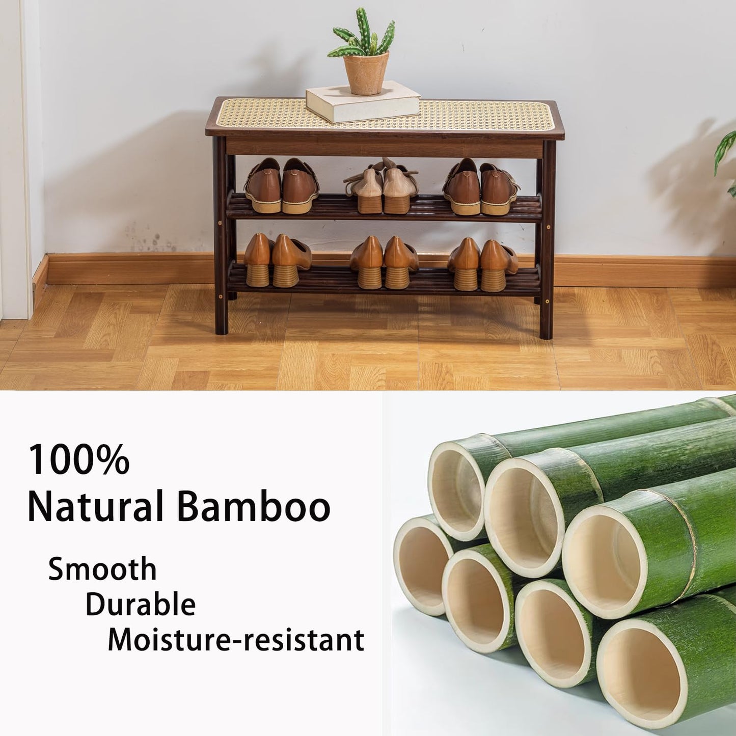 latifolia Shoe Rack Bench, 3-Tier Bamboo Shoe Bench with Breathable Rattan Seat Cushion, Shoe Storage Rack for Entryway(Walnut,31.50''L)