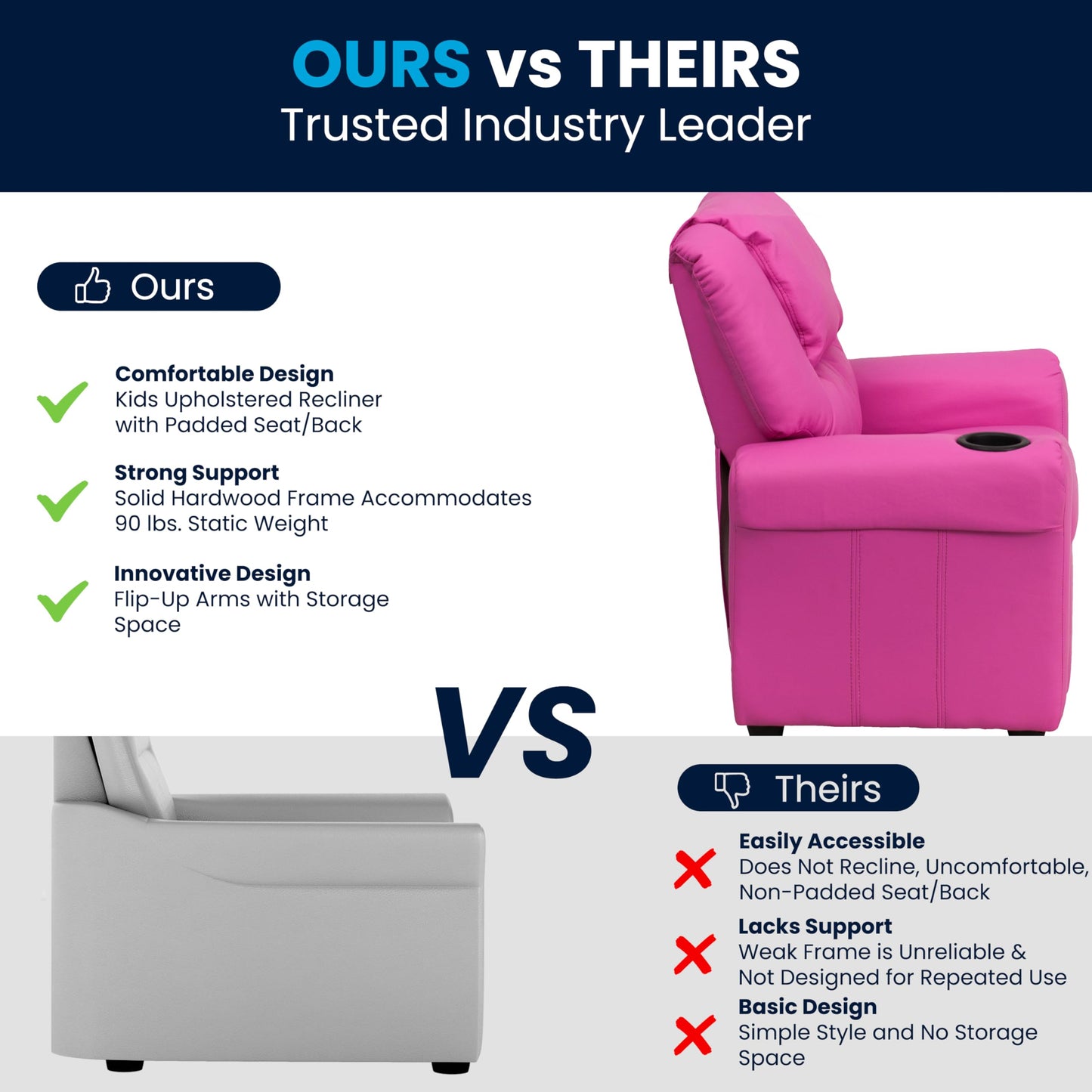 Flash Furniture Vana Vinyl Kids Recliner with Cup Holder, Headrest, and Safety Recline, Contemporary Reclining Chair for Kids, Supports up to 90 lbs., Hot Pink
