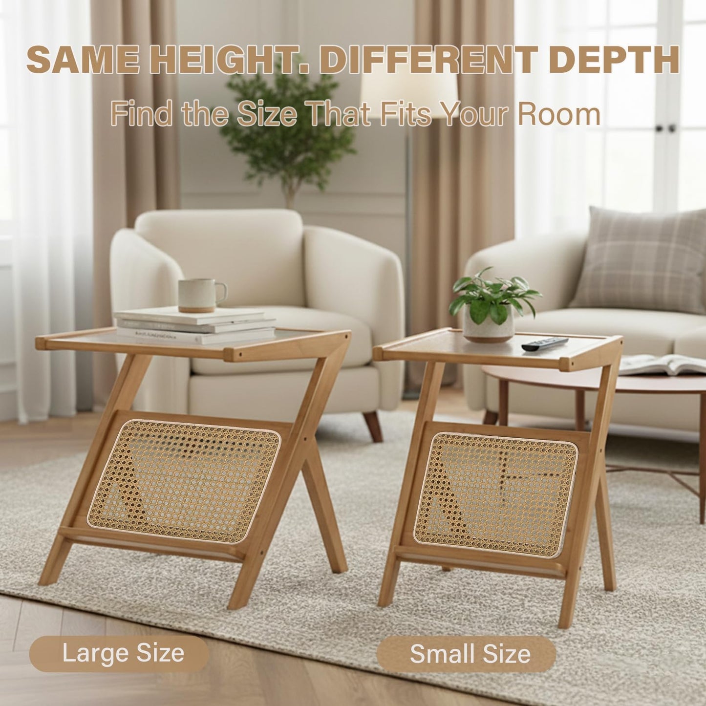 Tiita Rattan Side Table, Mid Century Nightstand, Bamboo Accent Bedside Tables, Glass Coffee Tables, Boho Wooden End Table with Storage for Small Space, Living Room and Bedroom