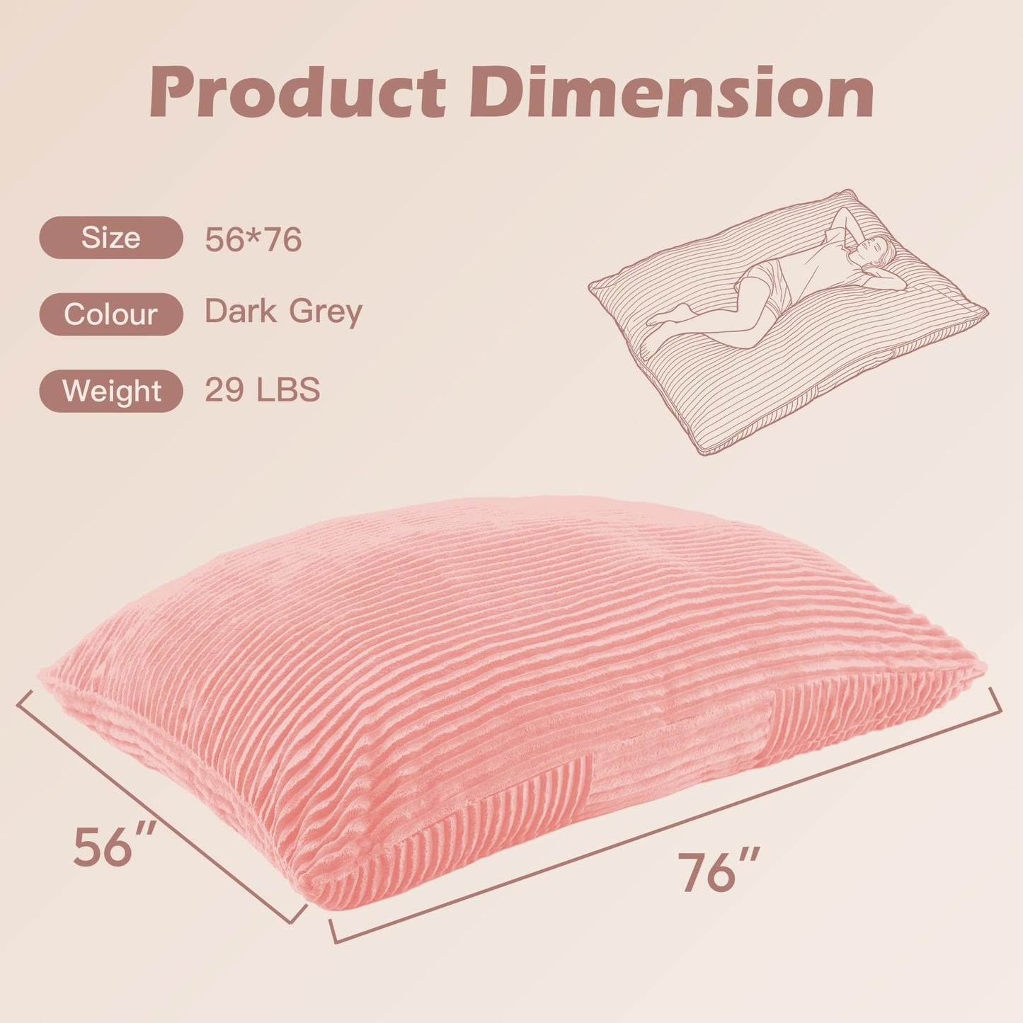 MuaMelop Bean Bag Chair, Giant Bean Bag Chair, 4 in 1 Convertible Beanbag Chairs for Adults with Removable Cover, Memory Foam Floor Cushions, Living Room, Bedroom, Pink
