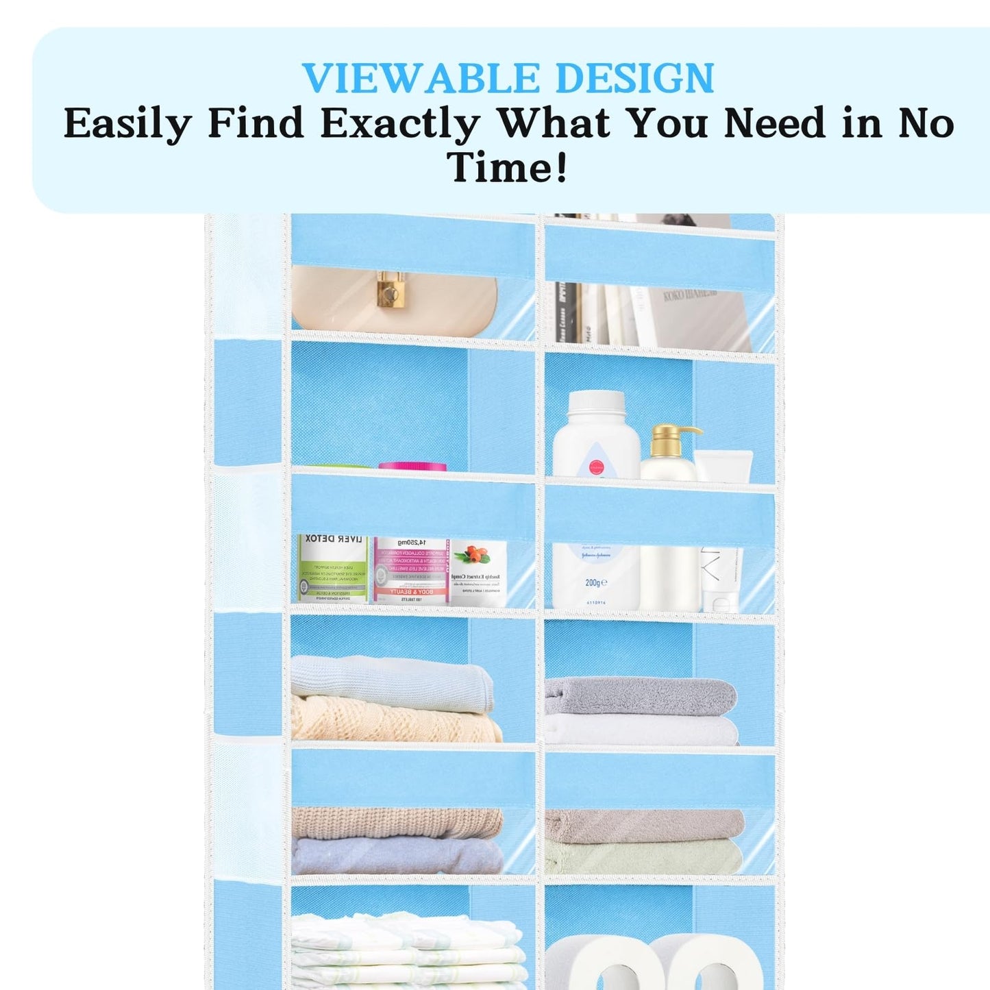 Over The Door Organizer 6 Tiers, Extra Large Behind Door Storage of 12 Compartments, 80 lbs Weight Capacity Hanging Storage Organizer with Clear Window Kids Toys,Shoes,Diapers,Room Storage,Blue