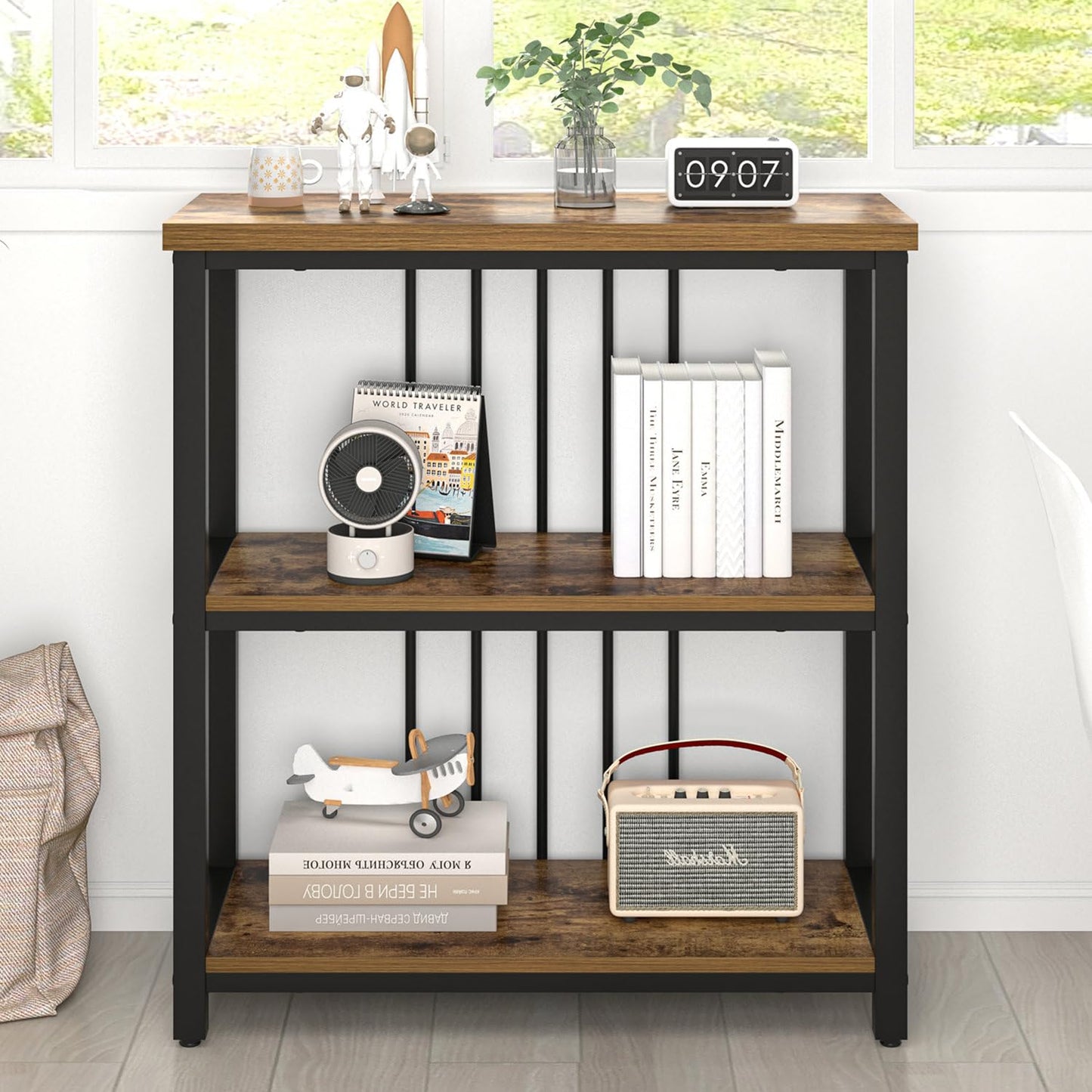 FOLUBAN 3 Tier Bookshelf, Industrial Wood and Metal Bookcase, Small Book Shelf for Home Office Bedroom Living Room, Rustic Brown