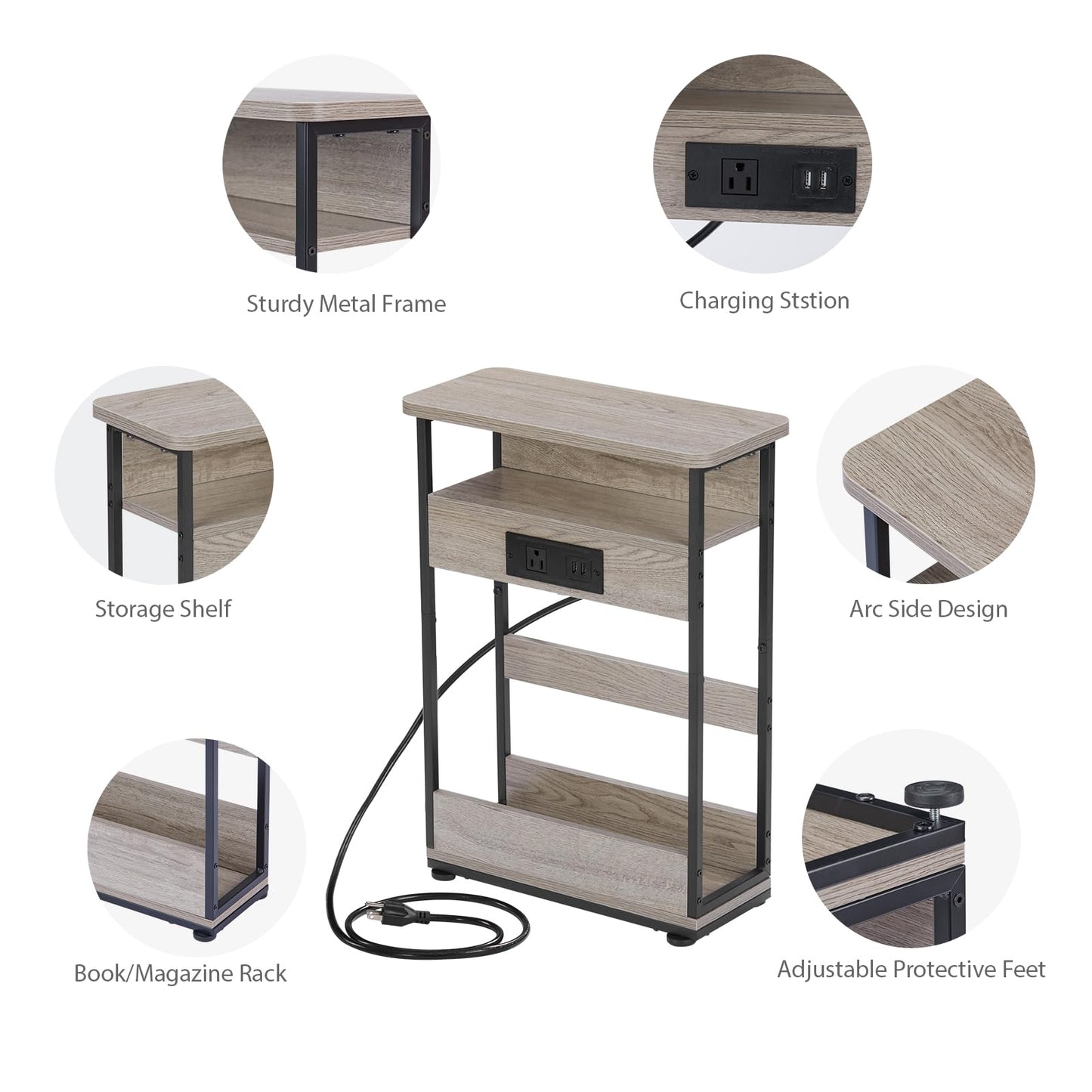 YEAKOO Narrow Side Table with Charging Station, 3-Tier End Table with 2 USB Ports & Power Outlets,Thin Sofa Side Table for Narrow and Small Spaces, Bedside Table Nightstand for Living Room,Oak