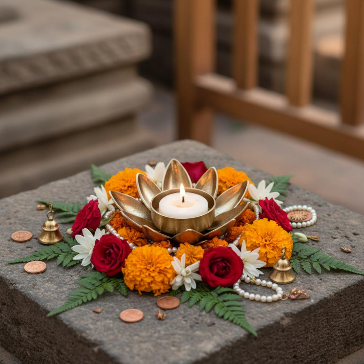 Decorative Lotus Flower Tea Light Candle Holder, Bronze Metal, 3 Inch, Floral Design