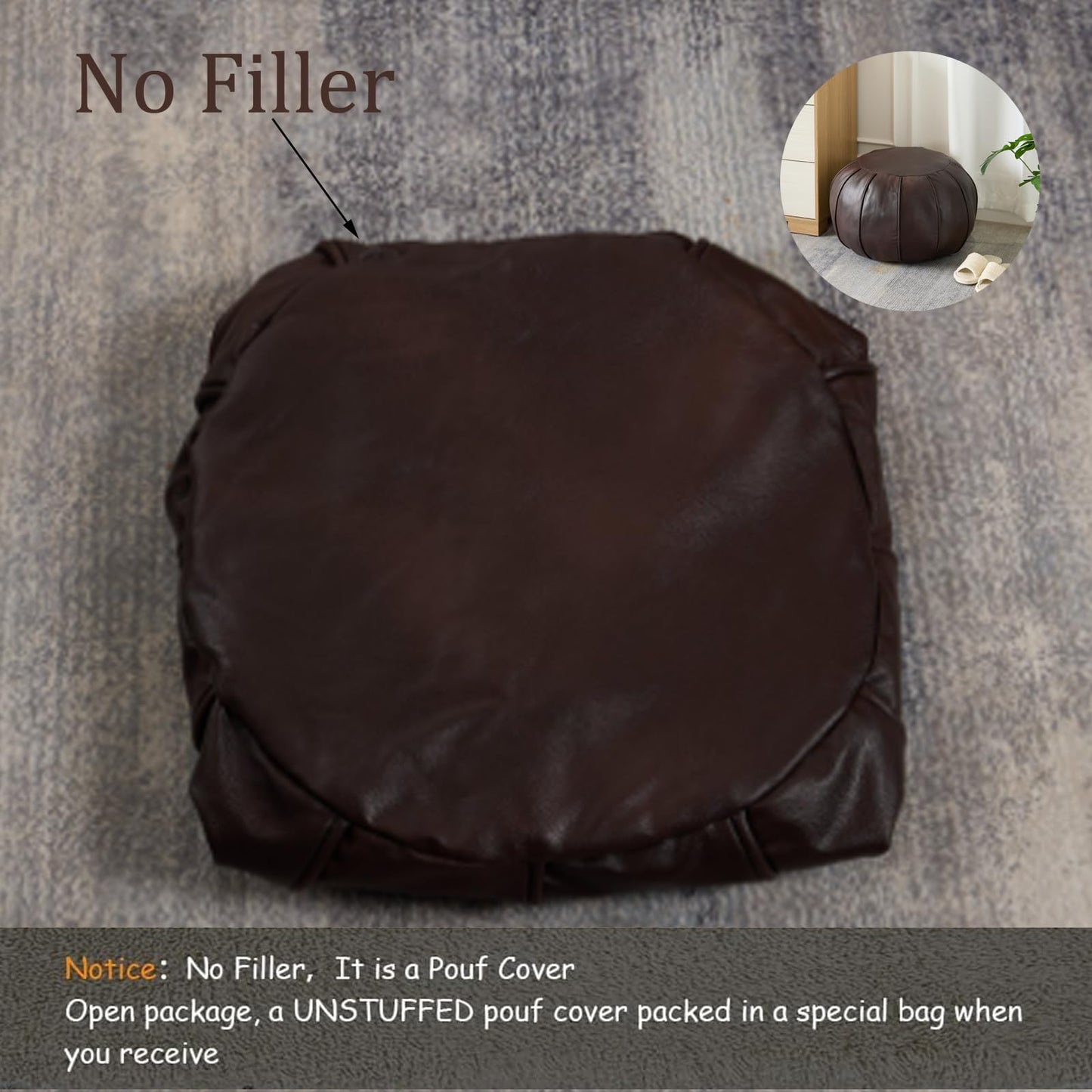 Louis Donné Brown Waterproof Faux Leather Unstuffed Pouf Ottoman, Handmade Moroccan Pouf Cover 21"x13", Round Floor Cushion Floor Chair Footstool for Living Room, Bedroom and Wedding (Only Cover)