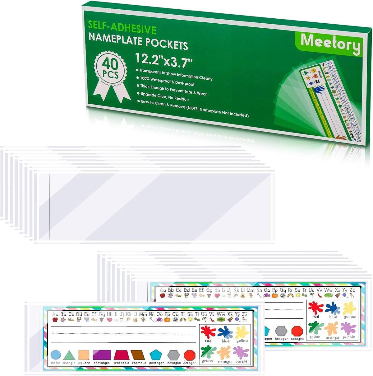 Meetory 40 PCS Upgraded Nameplate Pocket, Self Adhesive Desk Nameplates Name Tag Pocket, No Residue Clear Plastic View Name Tag Sleeves for Classroom Desk, Office Supplies (12.2" x 3.7")