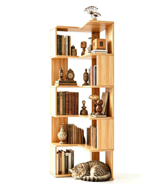 XIJIXILI 5-Tier Corner Bookshelf L-Shaped Wood Open Bookcase with Anti-Drop Panel, Space-Saving Storage for Living Room Bedroom Home Office