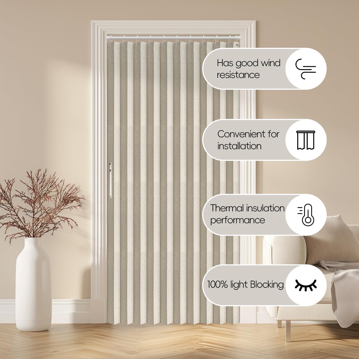 AJAZZ 100% Blackout Magnetic Door Curtain Accordion Doors Interior Folding Closet Door Curtain Invisible Applicable Bedroom Room Living Room Doorway (Cream White 42" W x 78" L) 1 Panel