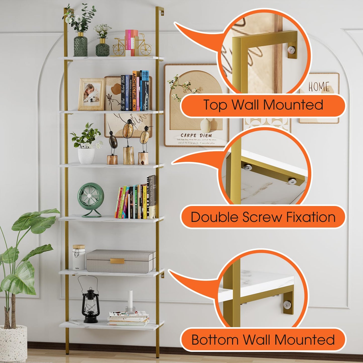 Wolawu Ladder Shelf 6 Tiers Marble White Modern Bookshelf Open Tall Wall Mount Bookcase Standing Leaning Wall Shelves Industrial Decorative Living Room Bed Room