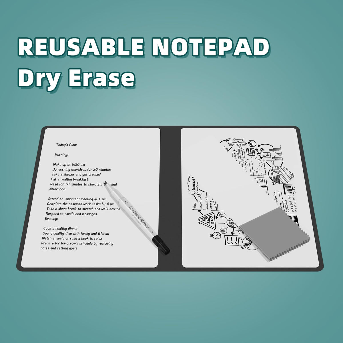 Portable Dry Erase Board,Reusable Whiteboard Notebook, Double-Sided White Board PU Cover 9.5"x6.6" with Marker,Wipe Cloth (Blue)