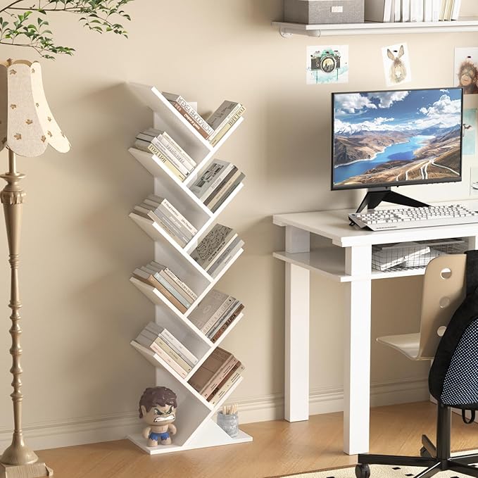 SHEEPAM 10 Tier Tree Book Shelf, Floor Standing Wood Bookshelf