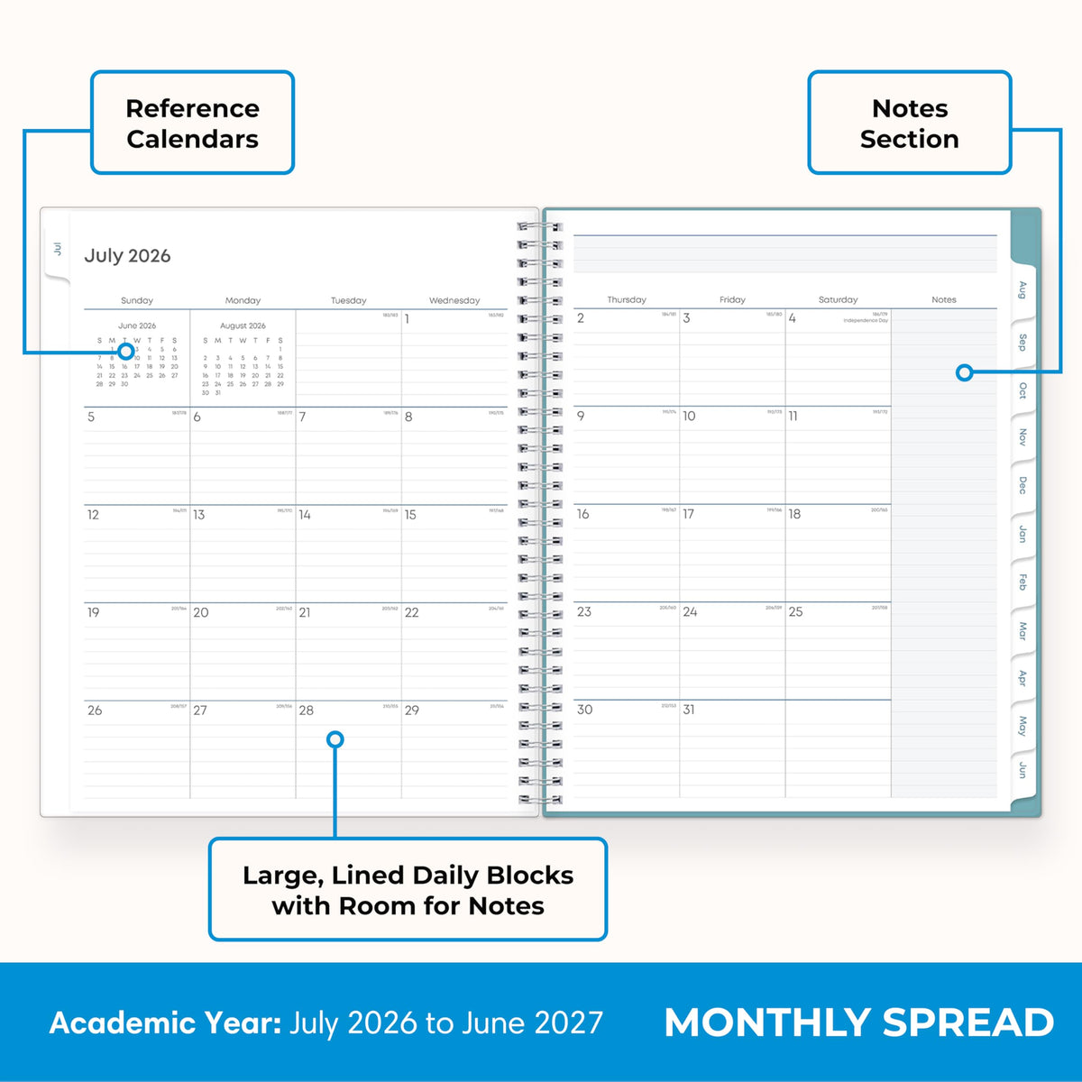 Blue Sky 2026-2027 Weekly and Monthly Academic Year Teacher Lesson Planner Calendar, July 2026 - June 2027, 8.5" x 11", Clear Pocket Cover, Wirebound, Laminated Tabs, Storage Pocket, Dots