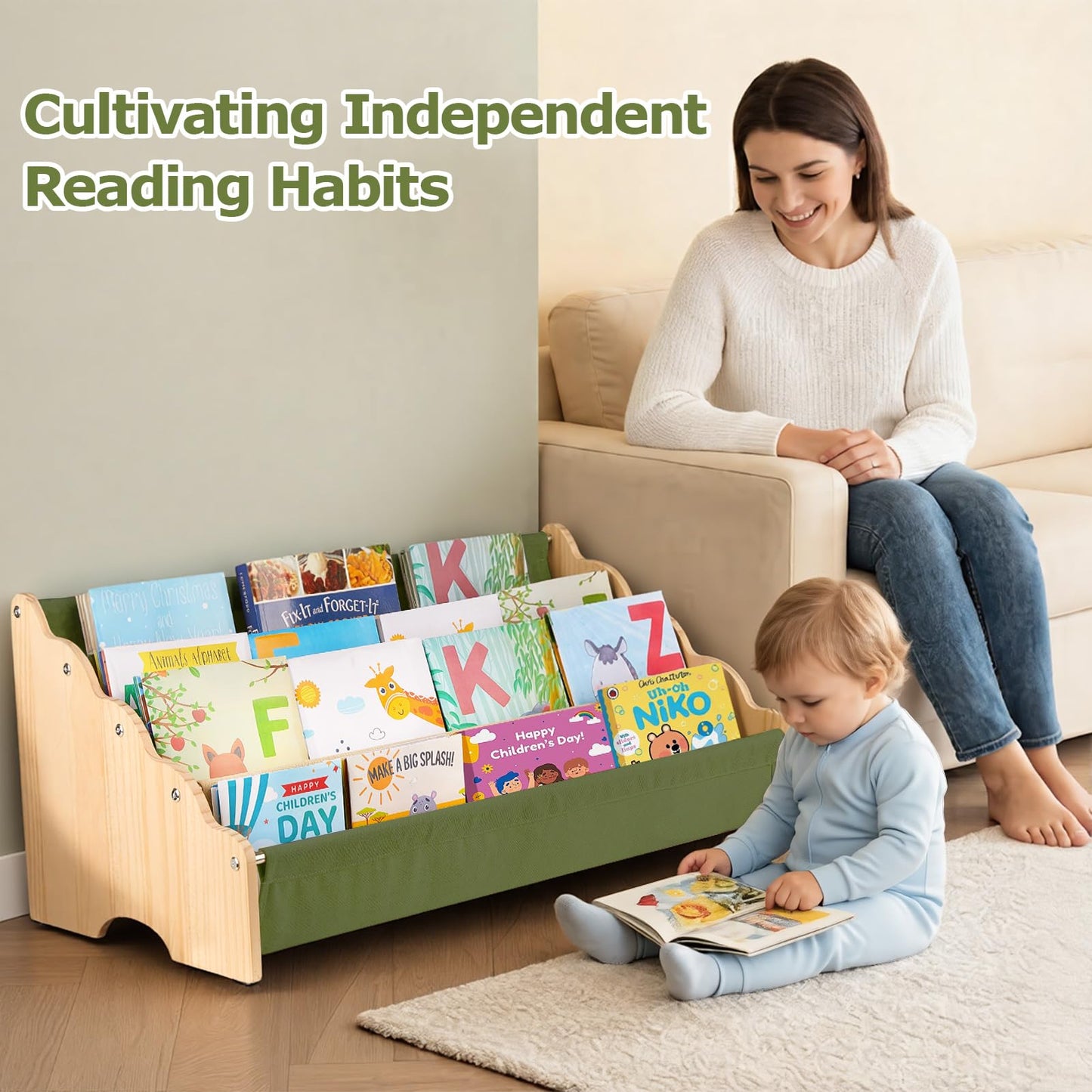BeMarve Toddlers Bookshelf 100% Solid Pine Wood Montessori Nursery Bookcase 4-Tier Large Capacity, Sling Book Rack Organizer with Wavy Safety Edges for Kids Playroom Bedroom Classroom, Sage Green