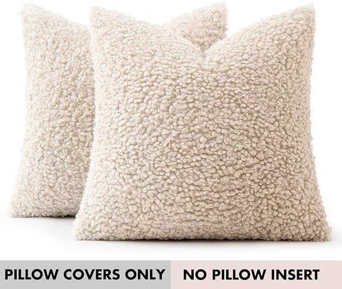 Faux Fur Throw Pillow Covers 24x24 Inch Set of 2 Euro Boucle Neutral Decorative