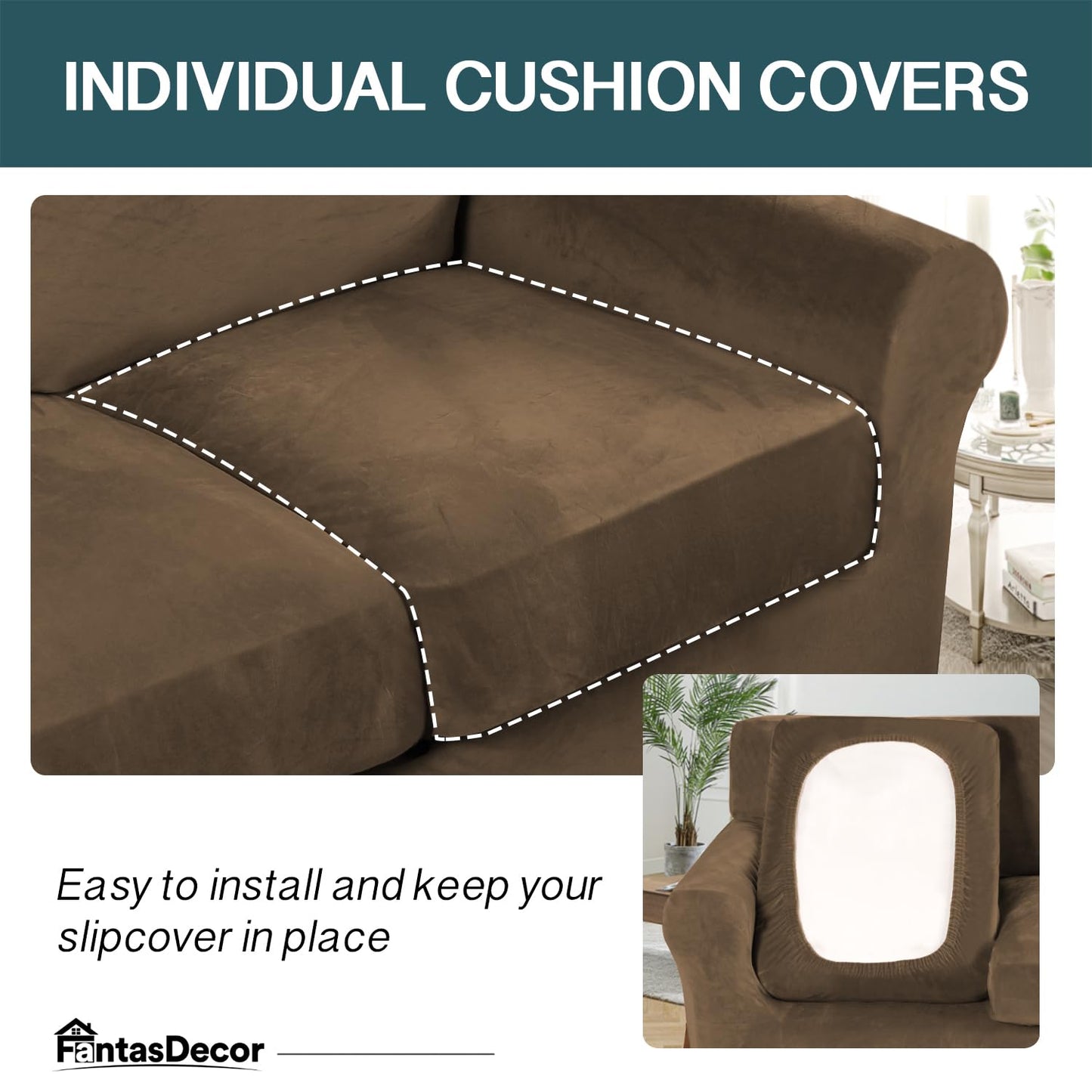 FantasDecor 3 Piece Sofa Covers Velvet for 2 Cushion Couch Stretch Loveseat Slipcover with Individual Seat Elastic Furniture Protector for Pets (Loveseat, Bronze Brown)