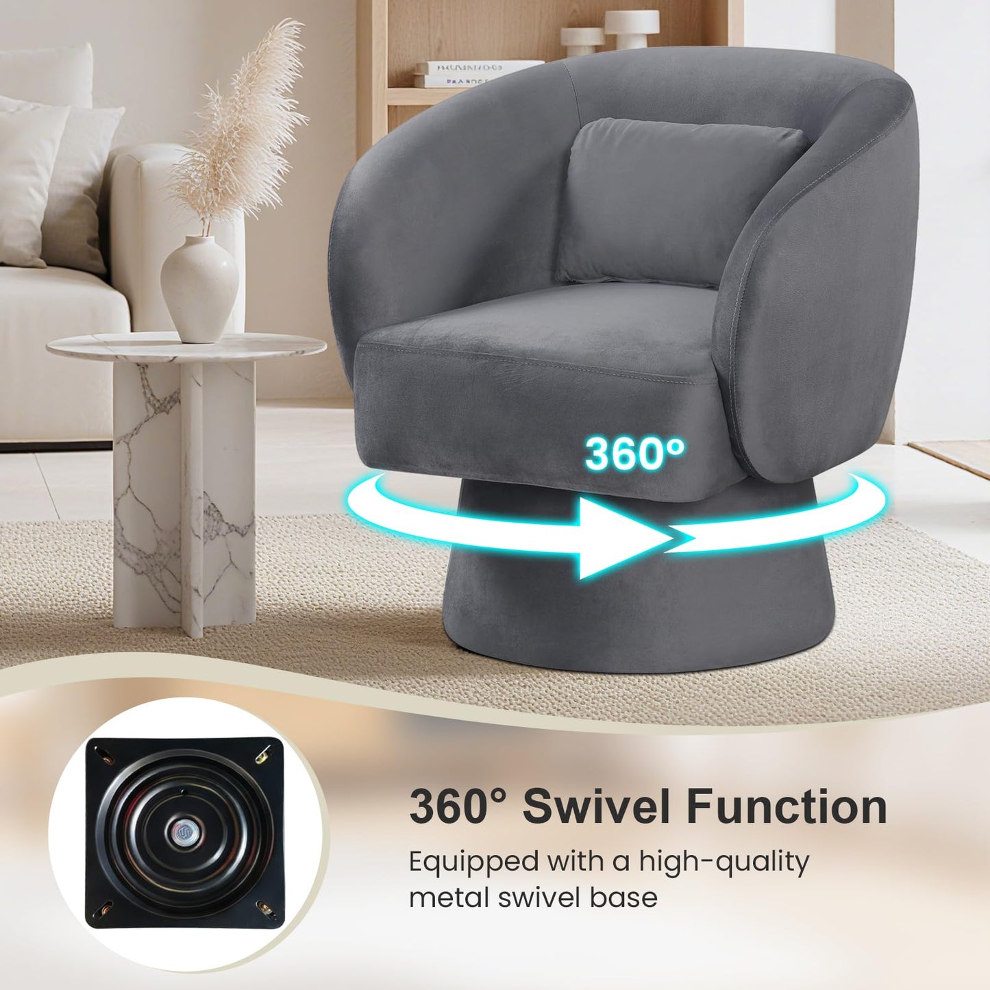 Giantex Swivel Accent Chair, Upholstered Barrel Chair with Curved Back & Removable Lumbar Pillow, Comfy Round Armchair with 360° Rotating Function, Single Sofa Chair for Living Room