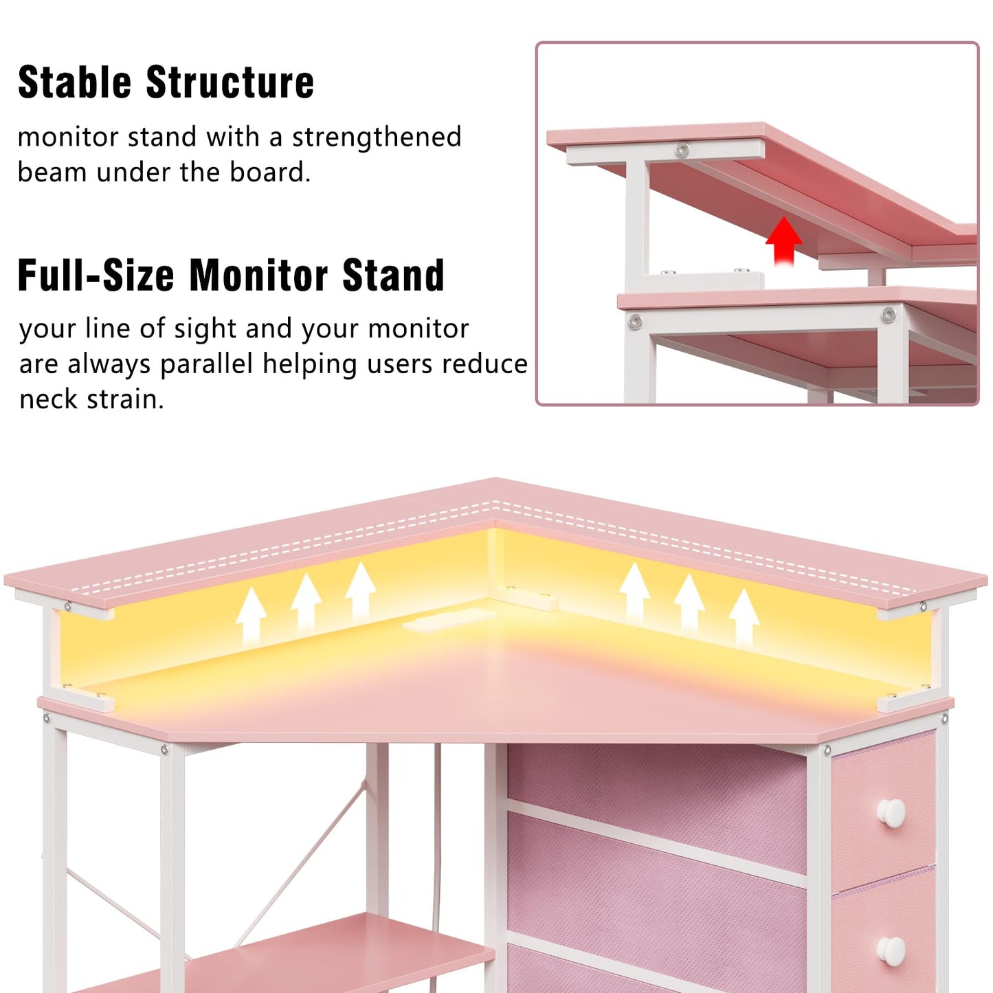 VENNQD Corner Desk with Drawers Shelves for Small Space 90 Degrees Triangle Computer Desk with Power Outlets,Gaming Desk with LED Lights Monitor Stand for Home Office Workstation Writing Table (Pink)