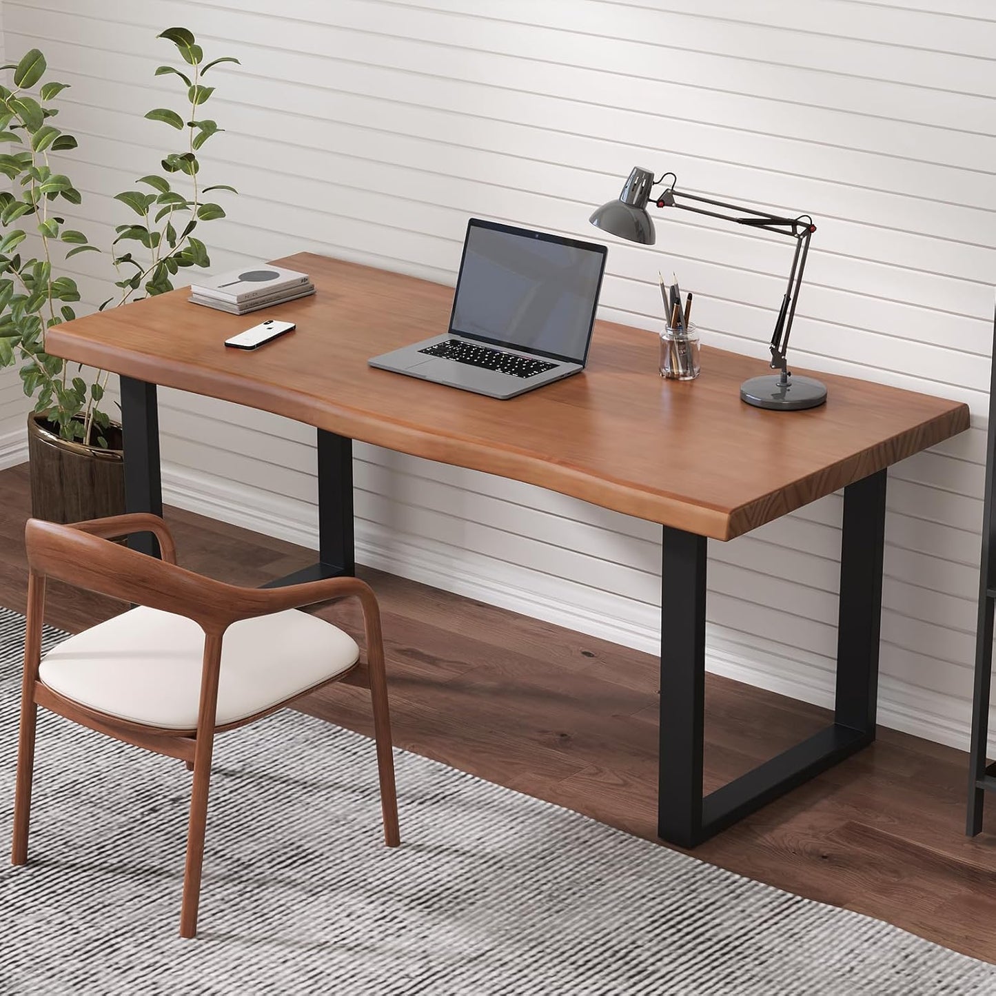 KunAndPeng Stylish Solid Wood Office Desk with Sturdy Metal Base - Durable Executive Computer Desk or Dining Table in Multiple Sizes - Perfect for Home Office and Work Environments (Tan62.99in)