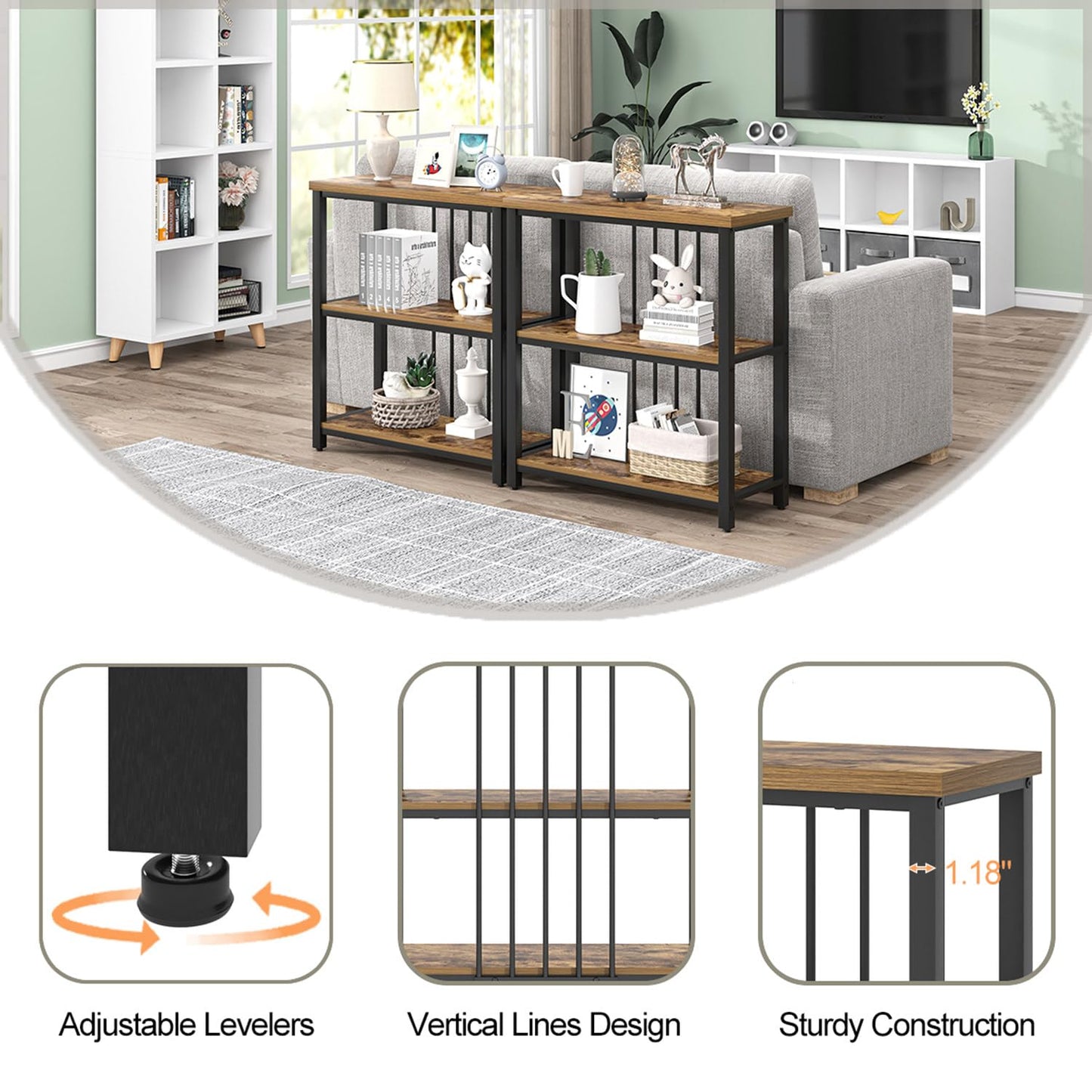 FOLUBAN 3 Tier Bookshelf, Industrial Wood and Metal Bookcase, Small Book Shelf for Home Office Bedroom Living Room, Rustic Brown