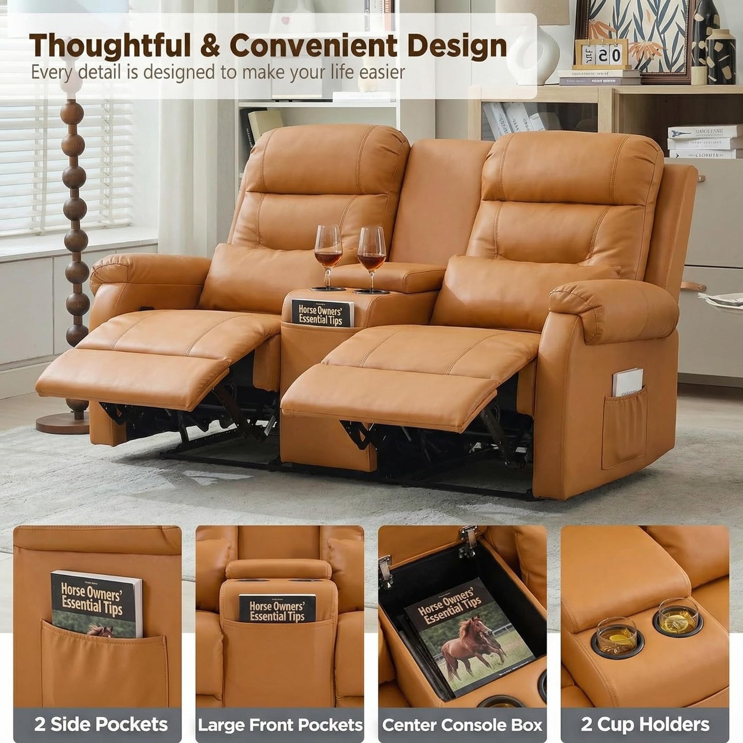 MANBUR RV Reclining Loveseat Sofa with Console, Wall Hugger Recliner Sofa, Double Recliner Home Movie Theater Seating with Cup Holders & Storage (Faux Leather Orange)