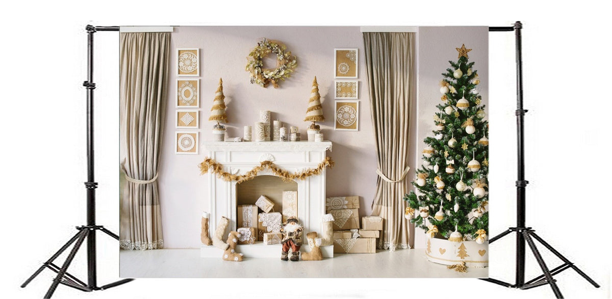 AOFOTO 10x7ft Christmas Interior Decoration Backdrop Holiday Xmas Tree Fireplace Gift Garland Wreath Photography Background Chic Snowflake Crafts Stockings Gift Box Photo Studio Props Vinyl Wallpaper