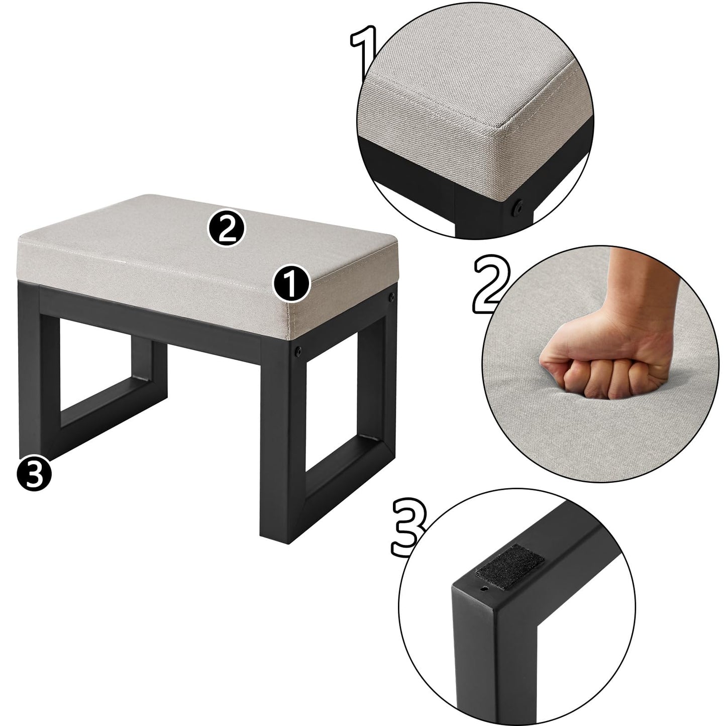IBUYKE 16 Inch Small Foot Stool Ottoman, Rectangle Linen Foot Rest with Padded Seat and Metal Legs, Modern Ottoman Foot Rest for Living Room Bedroom Entryway Couch, Grey WBD001G