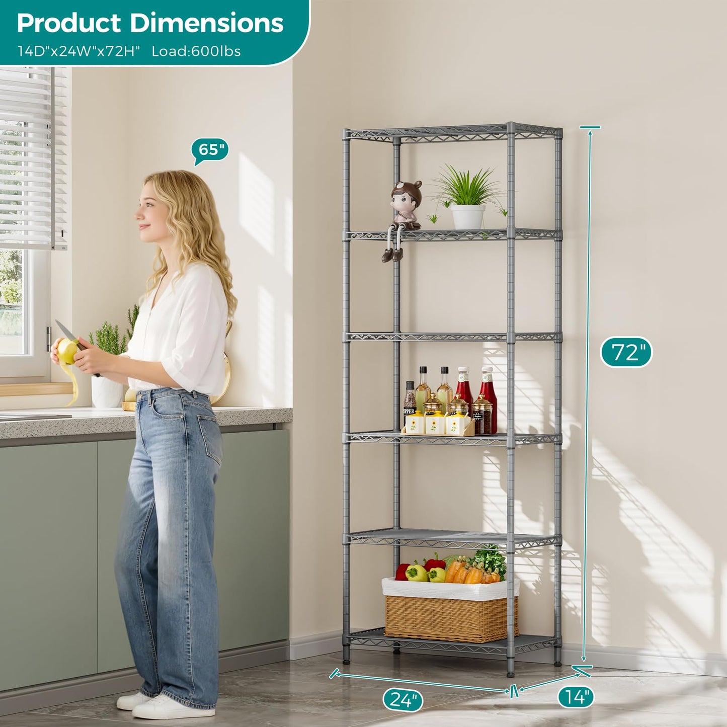 SINGAYE Shelf Wire Shelving Adjustable Storage Shelves Rack Standing Units for Kitchen Closet Laundry Bathroom Organizers Metal Pantry Narrow Mesh Gaps 14" D x 24" W x 72" H Grey