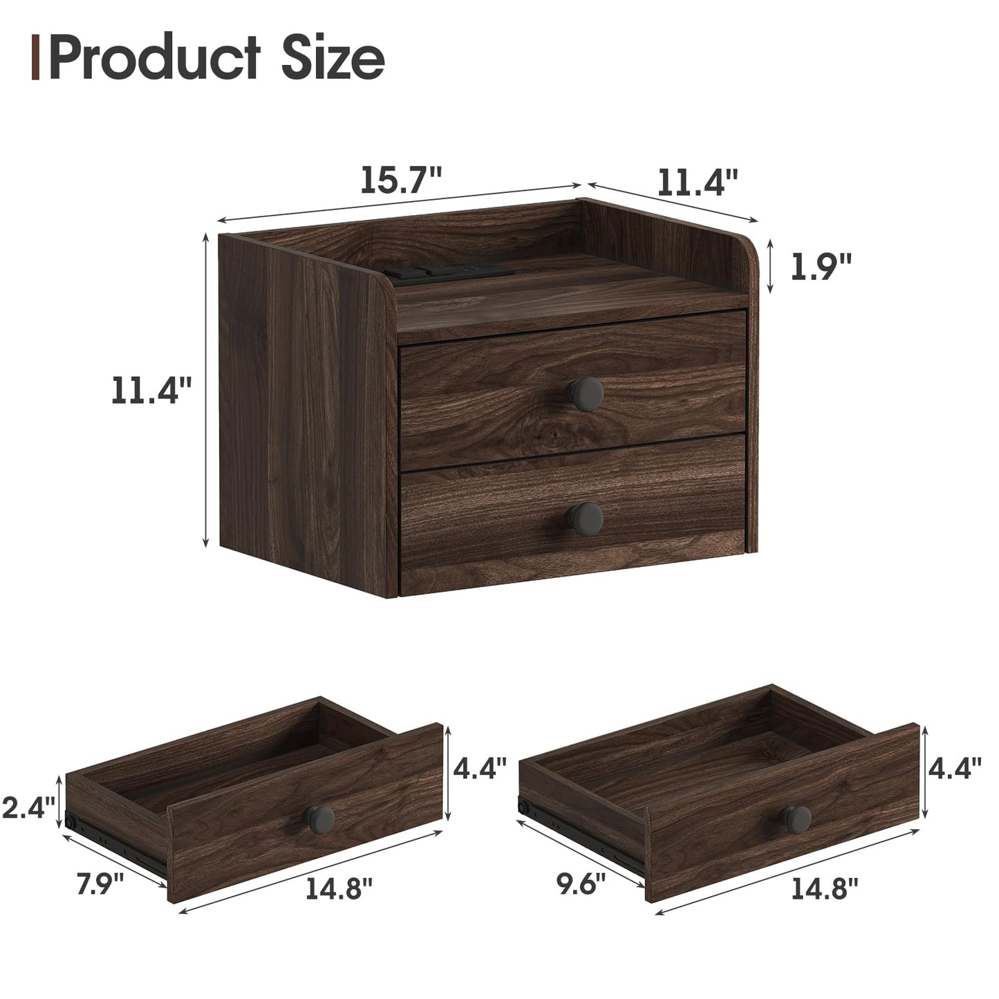 Floating Nightstand Set of 2 with 2 Storage Drawers and Charging Station Wood Wall Mounted Bedside End Table Modern Night Stands Set 2 for Bedroom,Small Space,Brown Walnut