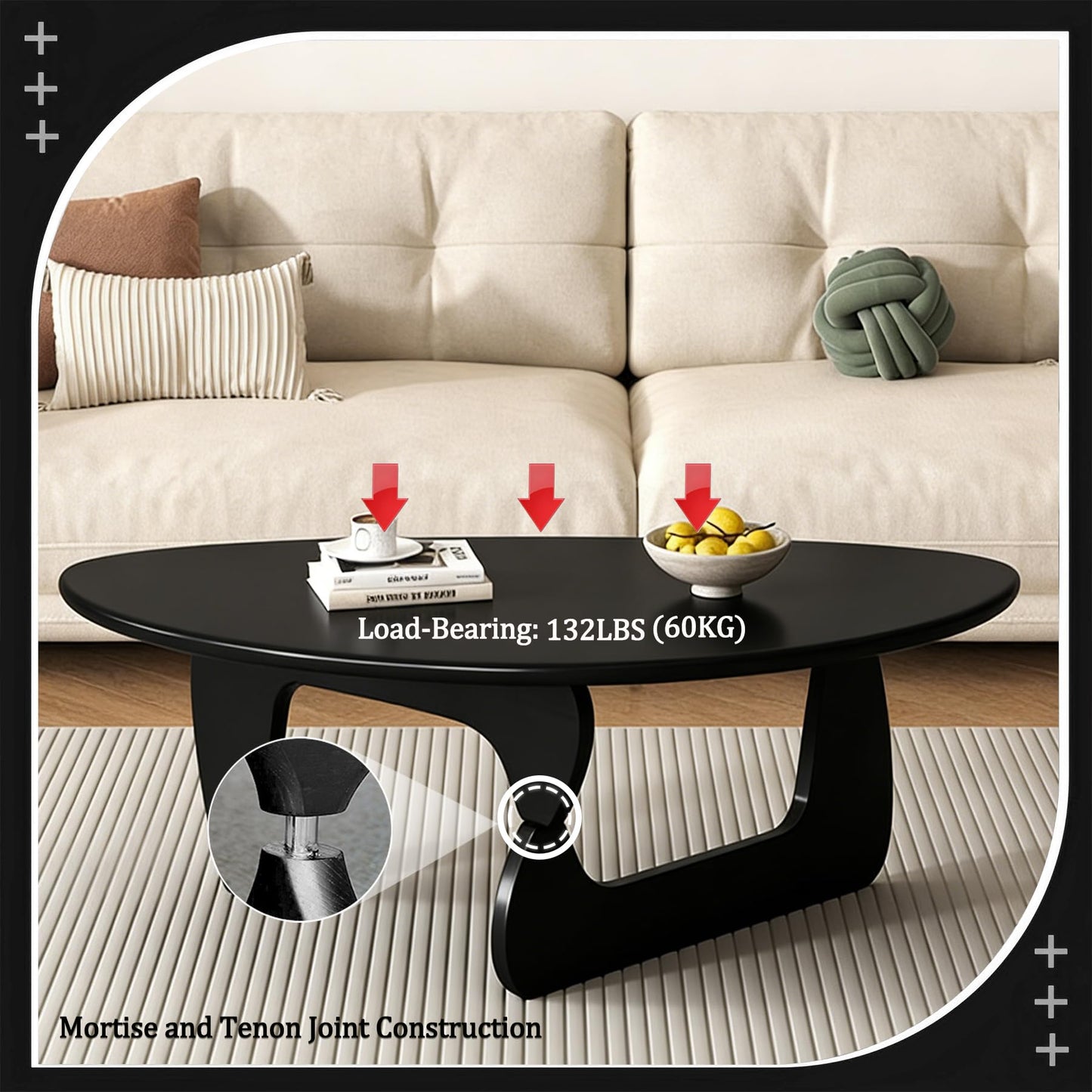 Coffee Table Solid Wood Oval Rustic Mid-Century Modern Low Center Table for Living Room, Office, Small, Black, 34.3", Easy to Install