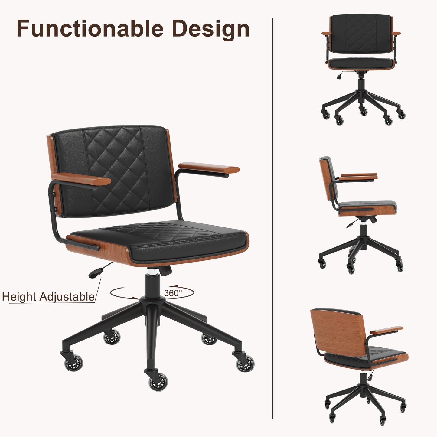 CoVibrant Ergonomic Office Chair with Rubber Wheels & Walnut Arms - PU Leather Mid-Back Desk Chair, Adjustable Height, Bentwood Backrest | Swivel Rocking Design for Home Office, Meeting Room, Study