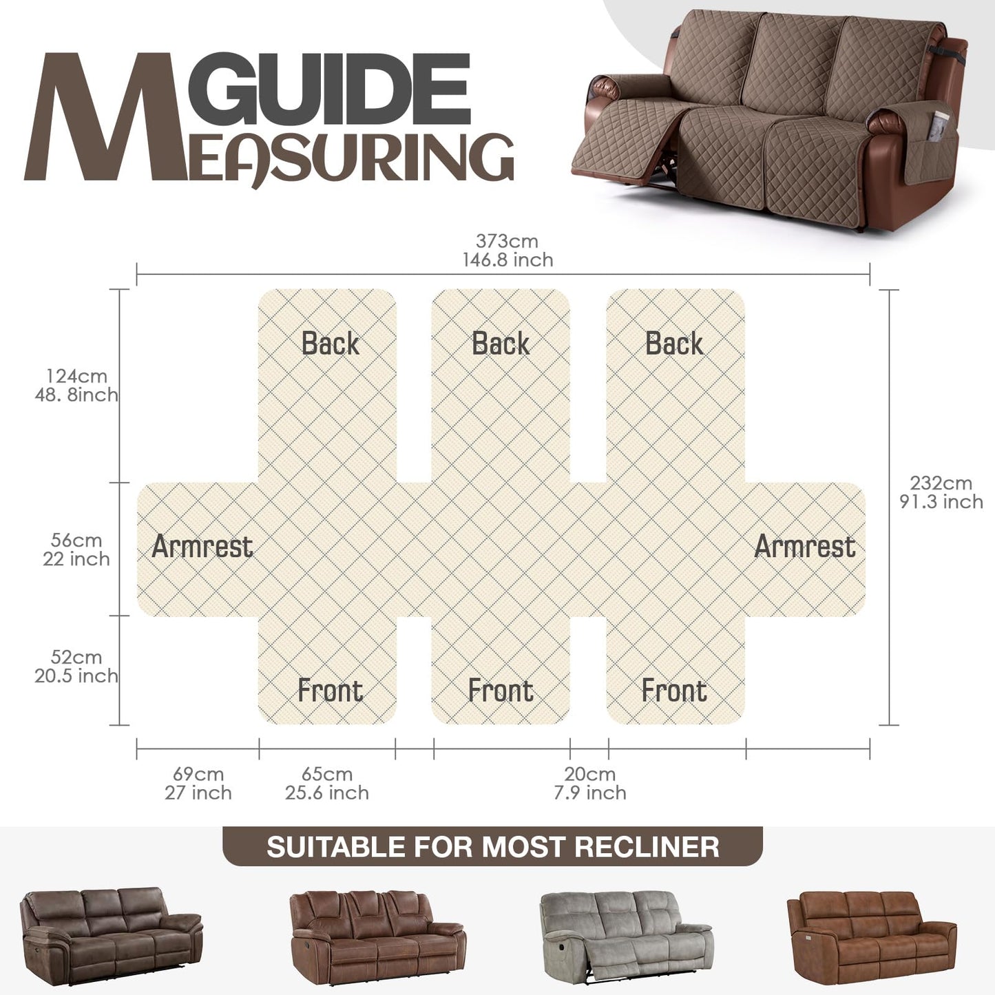 KinCam 100% Waterproof Recliner Couch Covers, Non-Slip Reclining Sofa Covers for 3 Seater, Recliner Couch Cover Furniture Protector with Elastic Straps for Pets, Kids, Brown