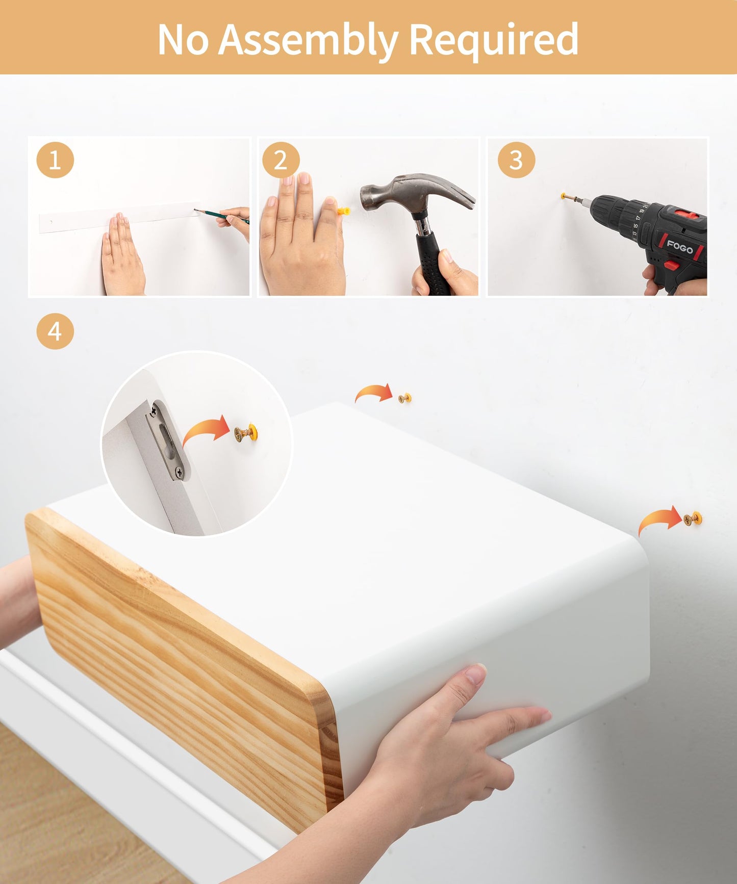 SUMGAR Floating Nightstand White with Drawers Modern Bedside Table Organiser Fully Assembled Shelf Small Spaces Wall Mounted Storage Wood Furniture for Bedroom Home Decor