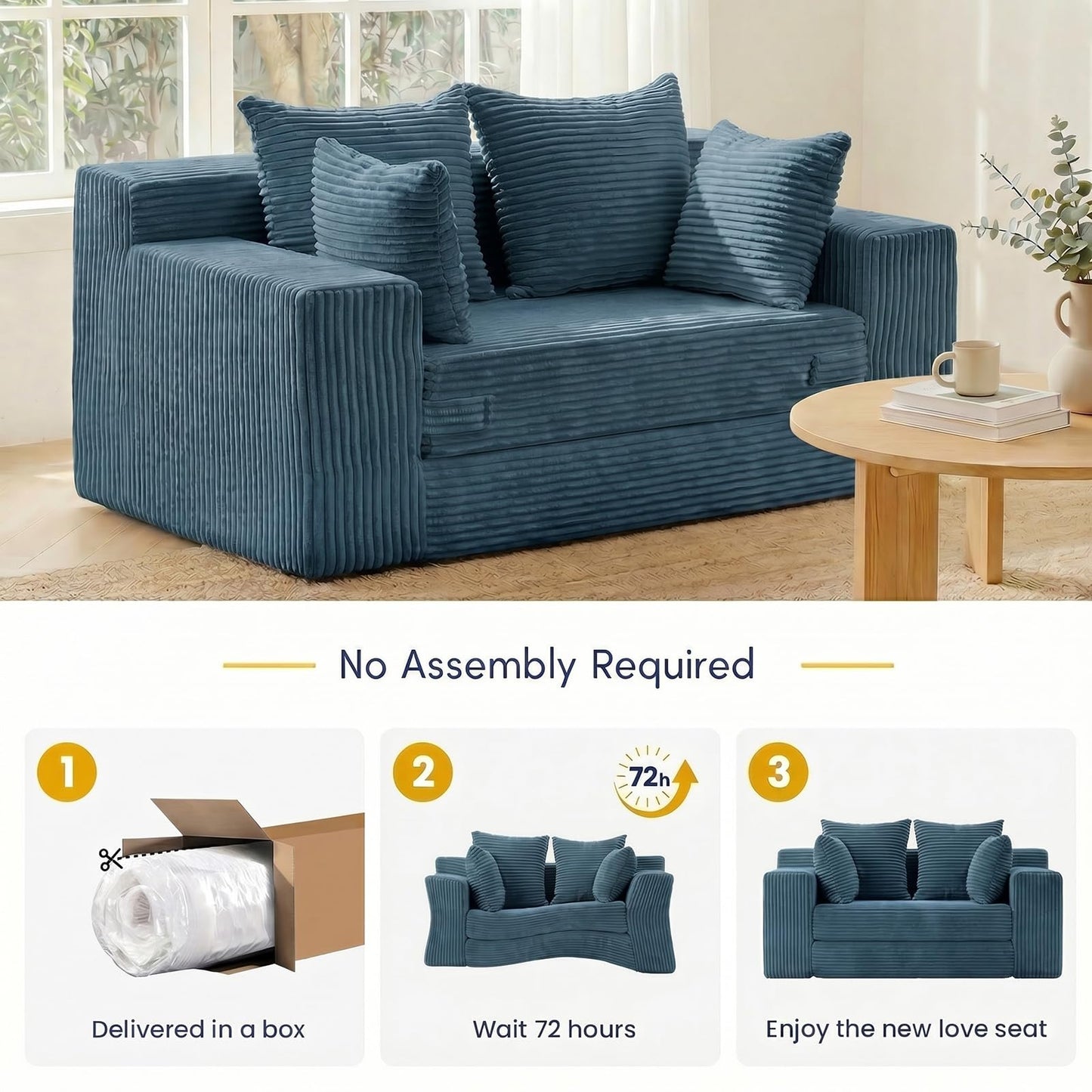 cidludto Convertible Sofa Bed, Boneless Couch 2 in 1 Loveseat Folding Couch Bed Foldable, Chair Bed & Futon Sofa Bed, Small Corduroy Pull Out Sofa with 4 Pillows for Living Room, Blue