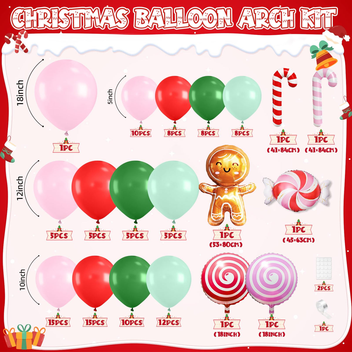 Christmas Balloon Garland Arch Kit, 115 PCS Xmas Balloon Decorations with Pink Red Green Latex Balloons Gingerbread Man Foil Balloons Candy Cane House Helium for Kids Christmas New Year Party Supplies