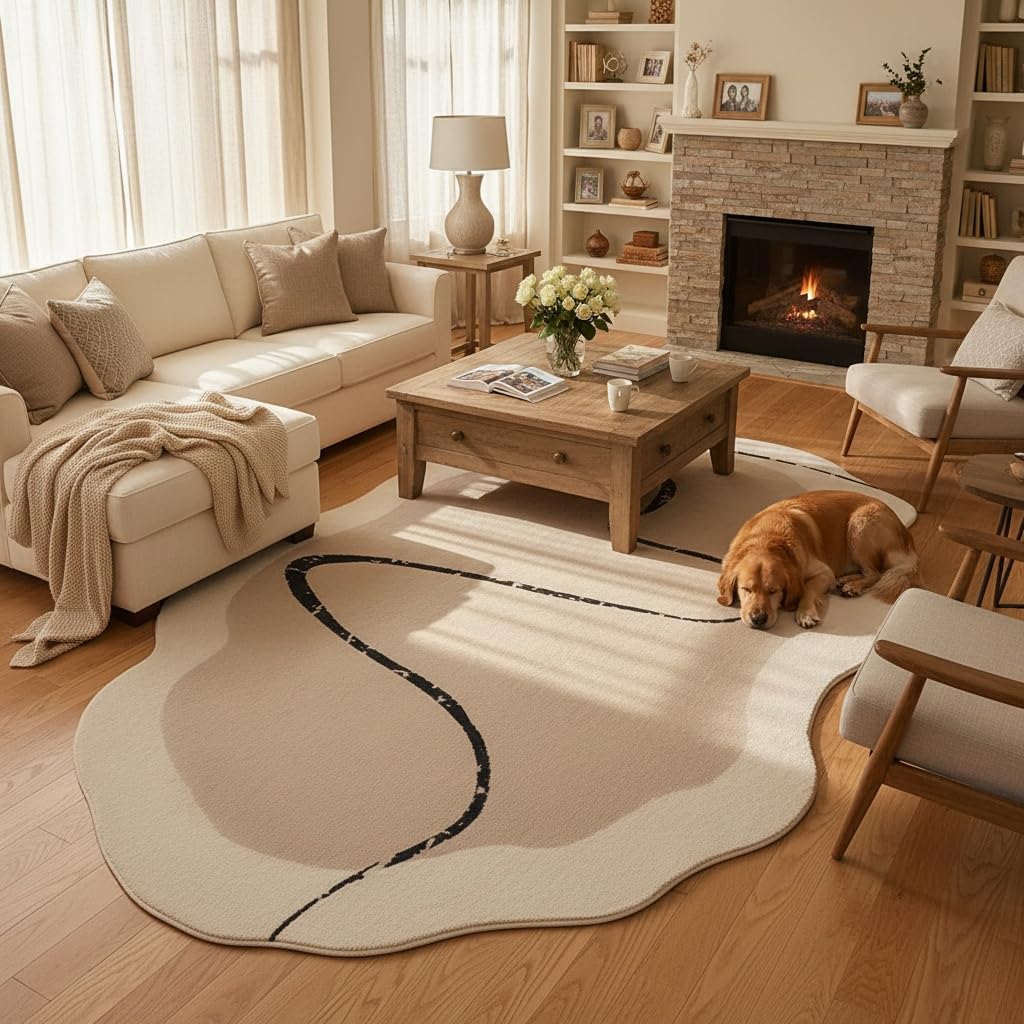 5x8 Irregular Rug Modern Minimalist Off White Brown Line Art Deco Abstract Shaped Rug for Meetingroom Bedroom Living Room Washable Thin Plush Carpet Non Skid Easy Clean Nursery Indoor Floorcovers