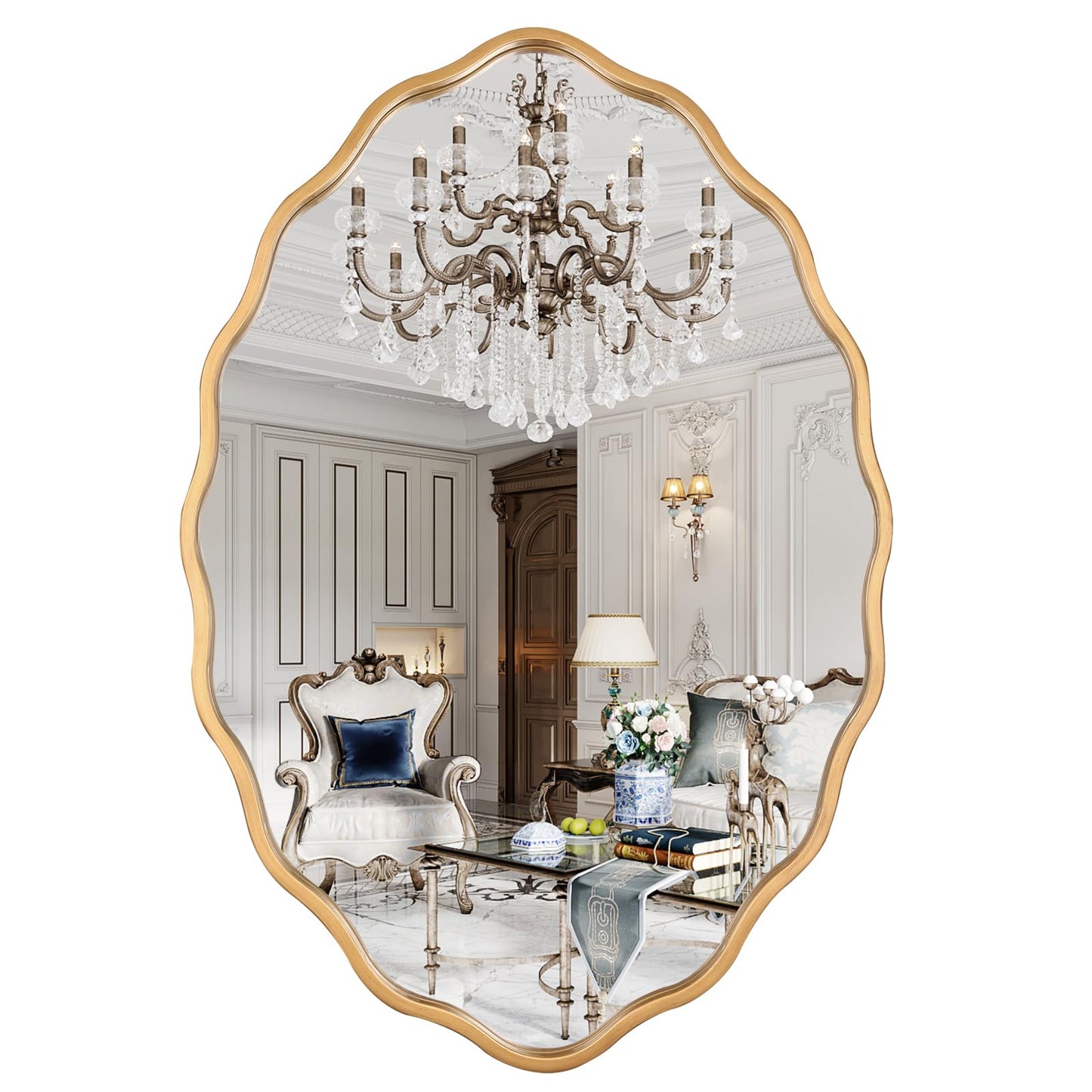 Varsoul 20 * 30 Inch Brushed Gold Oval Ripple Bathroom Mirror Wall Mounted Large Modern Countryside Suitable for Washroom, Bedroom, Living Room, Entryway