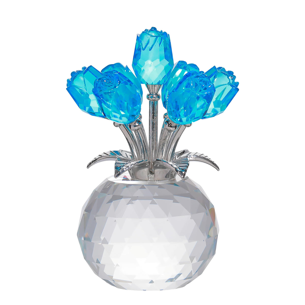 Lake Blue Rose Crystal Figurine with Vase, Bouquet Flowers Ornament Gifts for Wife, Girlfriend, Women - Handmade Crystal Flower Collectible Home Table Decor for Valentine Day, Wedding Anniversary