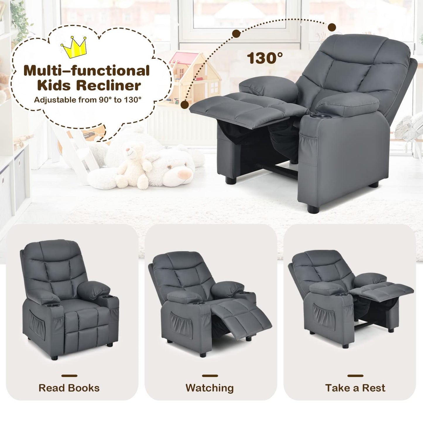 Costzon Kids Recliner Chair with Cup Holder, Adjustable Lounge Chair w/Footrest & Side Pockets for Children Boys Girls Room, Ergonomic Toddler Furniture Sofa, Kids Recliner (Grey)