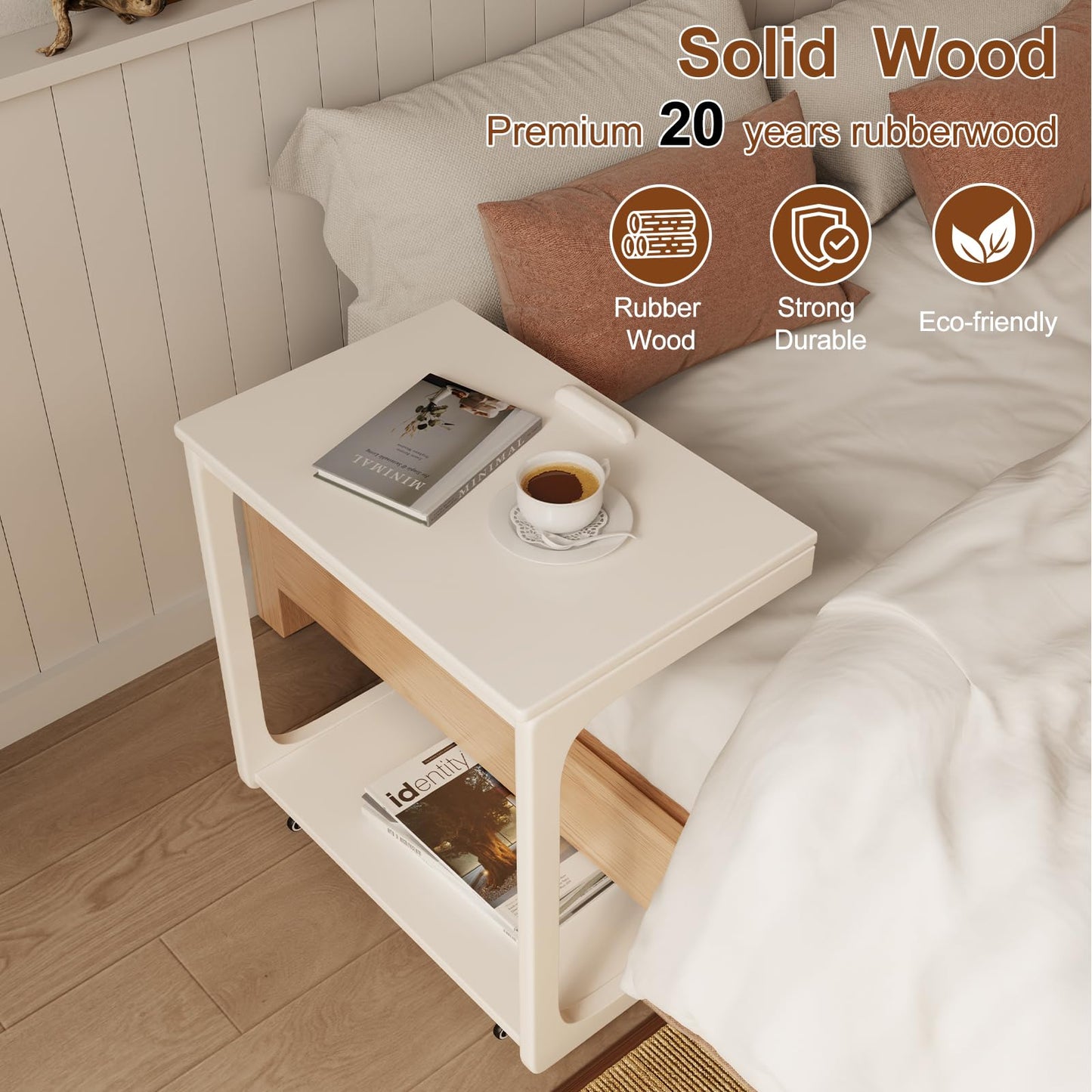 AQIMUELE Wooden C-Shaped End Table,Couch Table with Adjustable Desktop,Small Rolling Side Table with 2 Lockable Wheels 23.6" Width,Small End Table for Couch, Living Room,Bedroom (White)