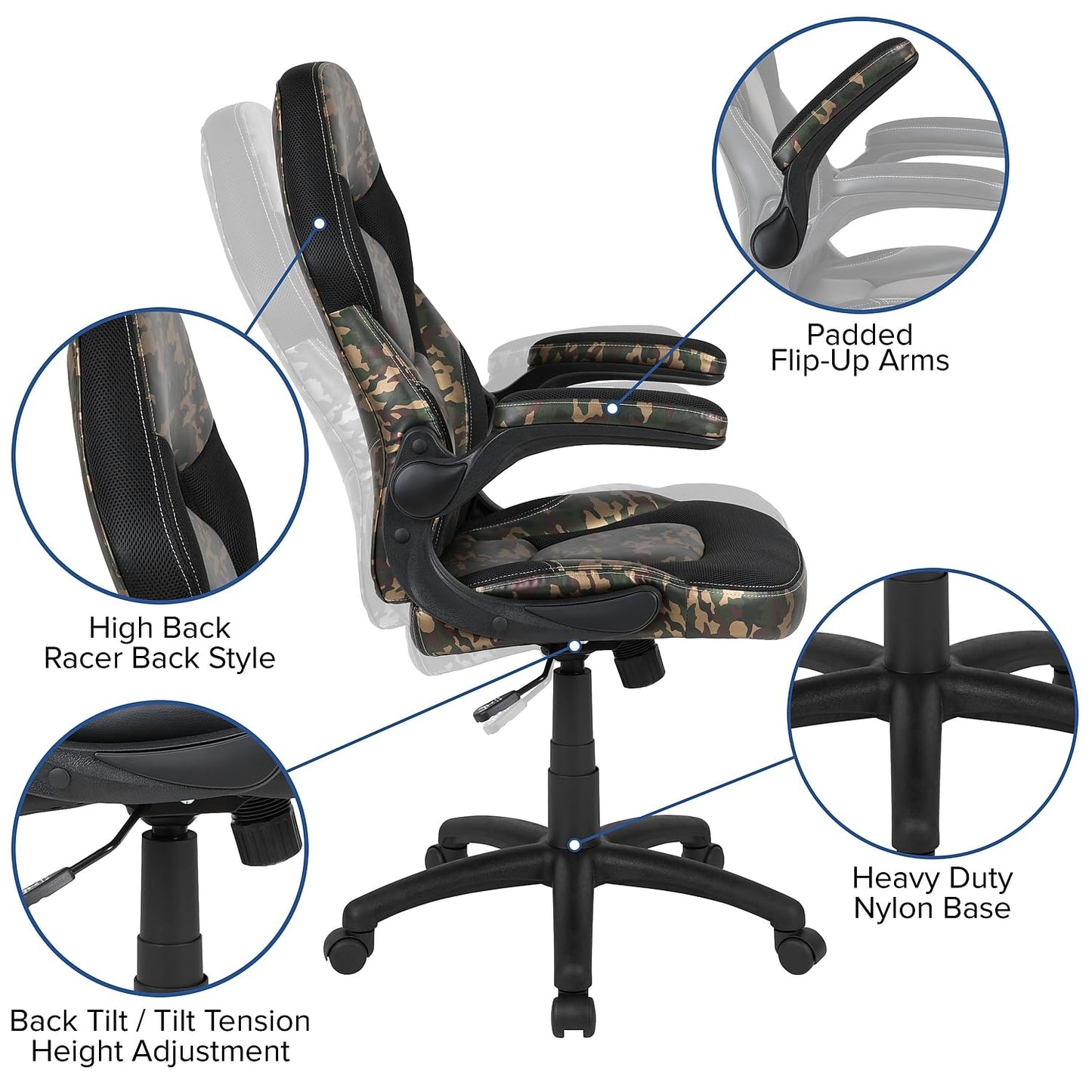 Flash Furniture X10 Gaming Chair Racing Office Ergonomic Computer PC Adjustable Swivel Chair with Flip-up Arms, Camouflage/Black LeatherSoft