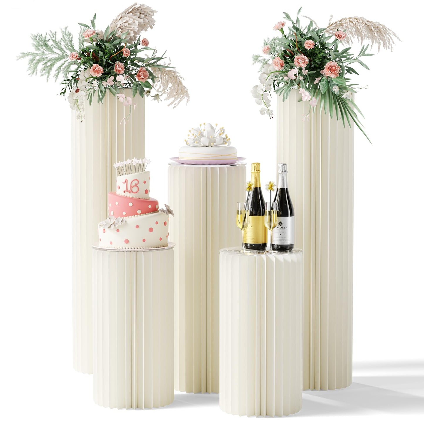 5 Pack Portable White Cylinder Stands for Party, 31.5", 23.6", 15.7" Height Foldable Cardboard Tall Cake Pedestal Stand Flower Floral Pillar Table Stand Event Plinth, cilindros para fiestas redondos blancos for Wedding Parties